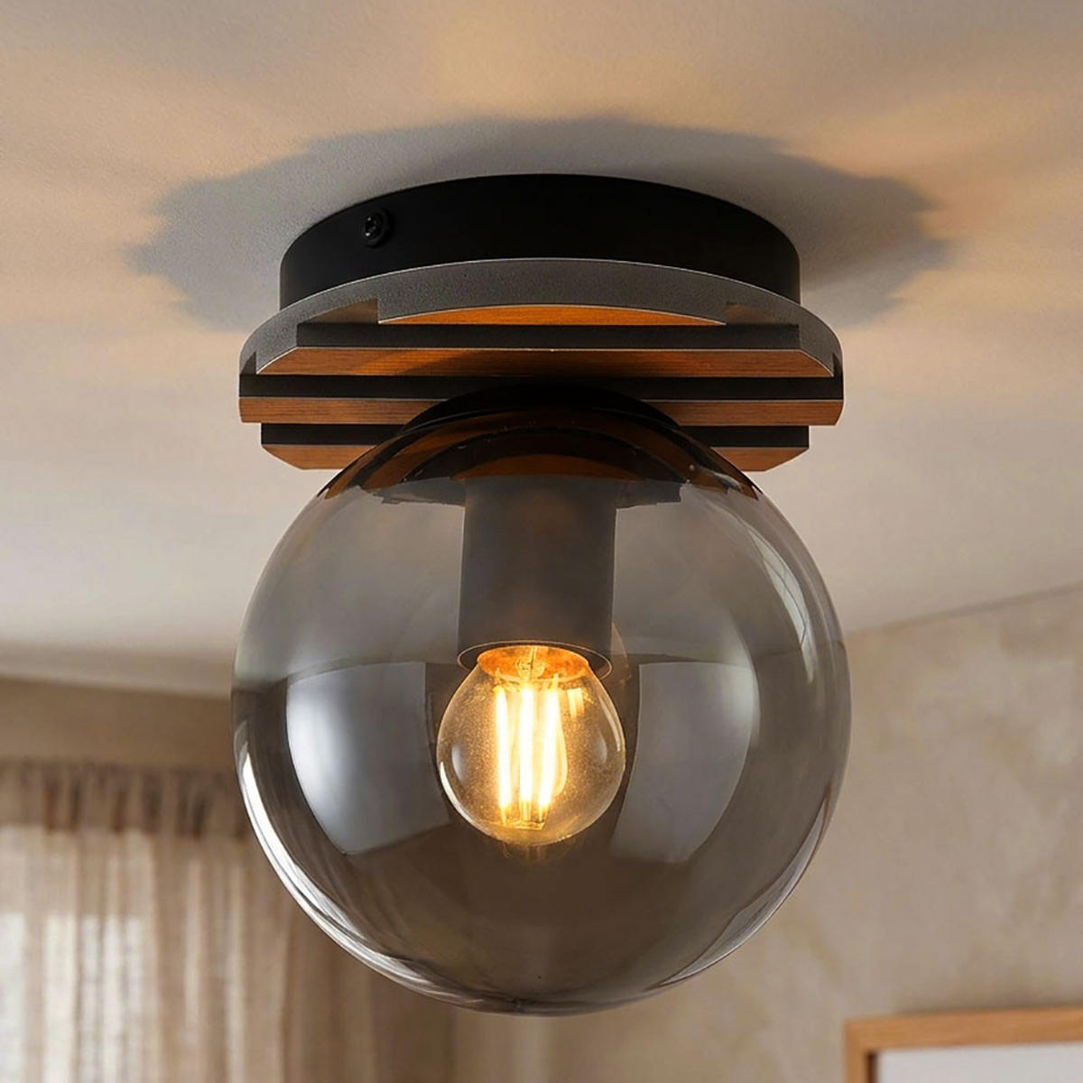 DECKENLEUCHTE PARSONS Metall Glas Schwarz Holzoptik - Schwarz, Glas (15/15/20cm) - Globo Lighting