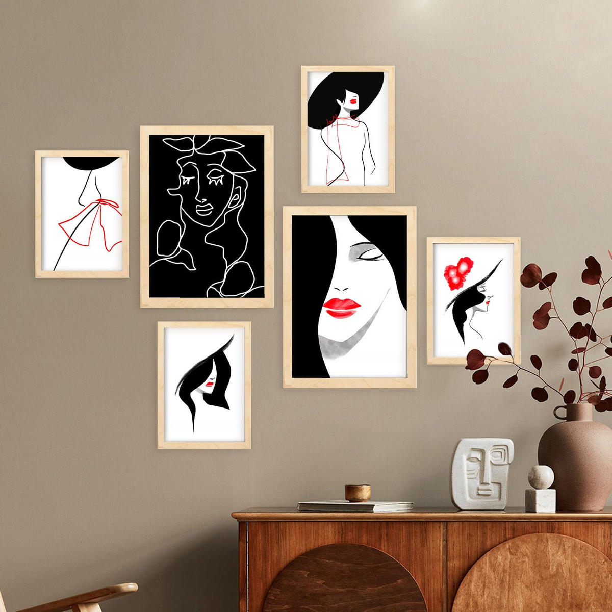 POSTER Set Mit 6 Stiftungs Schönheit In Weibliche Zusammenfassung Ästhetische Dekorative Gemälde Für Ihr Zuhause A3 & A4 Rahmen Aus Hellem Holz - Beige, Papier (29/3cm) - Nacnic