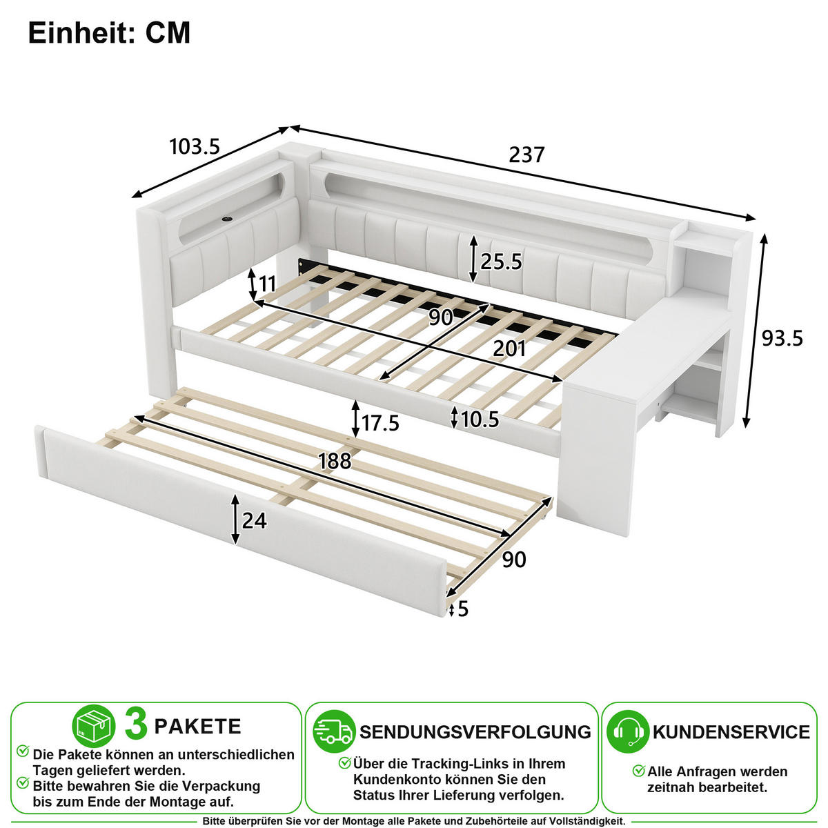 BETT 90/200 cm & 90/190 cm in Weiß mit Ausziehbett, LED und USB - Weiß, Holzwerkstoff/Textil (90/200cm) - CHICFURN