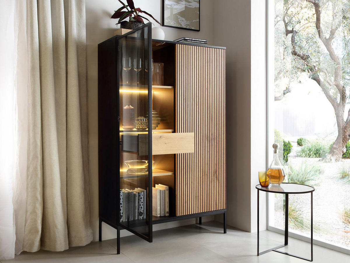 STANDVITRINE mit Schublade LINO Eiche wotan + graphit - Eiche Wotan, Holzwerkstoff (104/166/39cm) - Compleo24