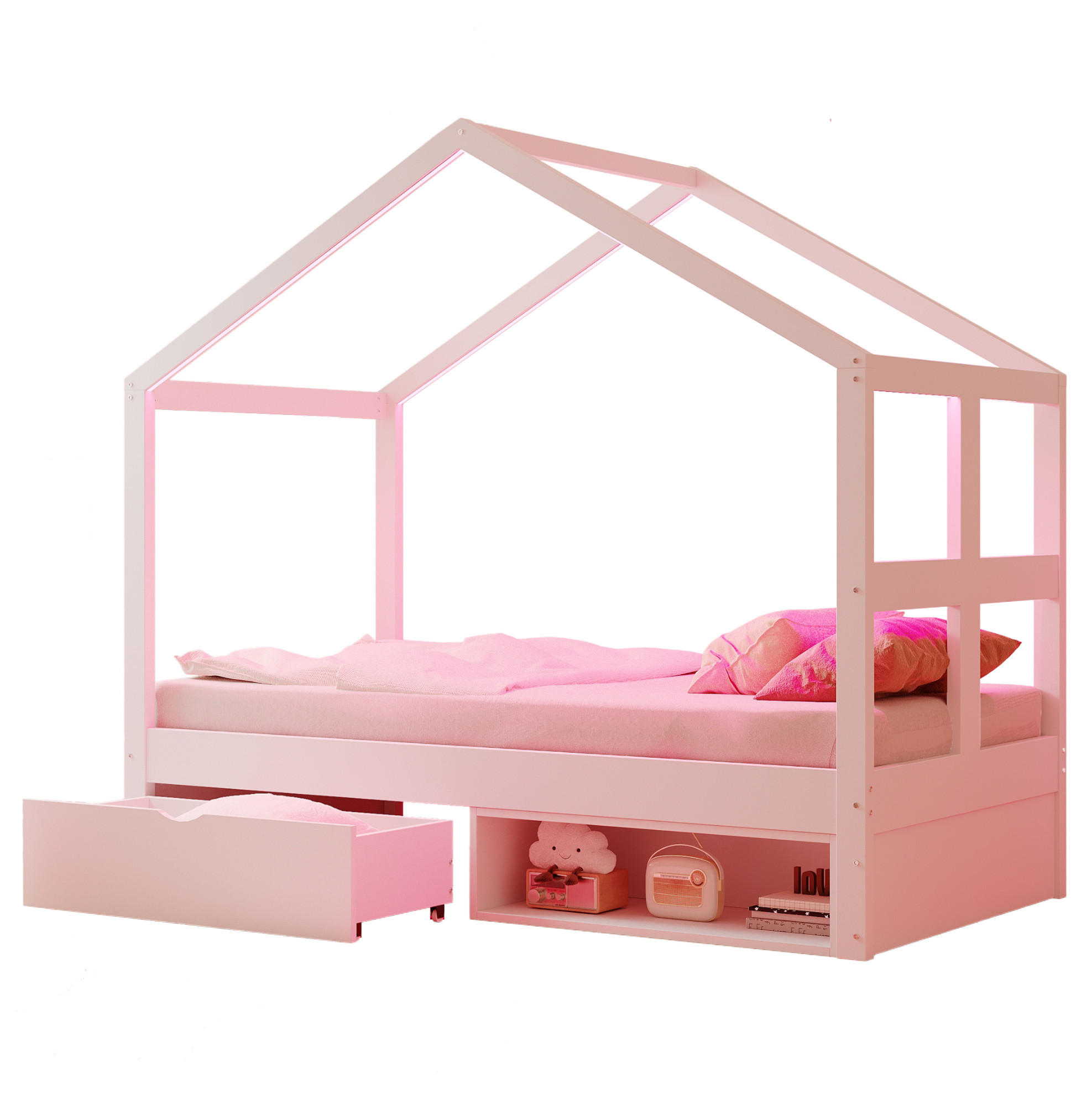 JUGENDBETT 90/190 cm aus Kiefernholz mit Schublade Schuhschrank und LED-Beleuchtung Weiß - Weiß, Holz (90/190cm) - Modenvie