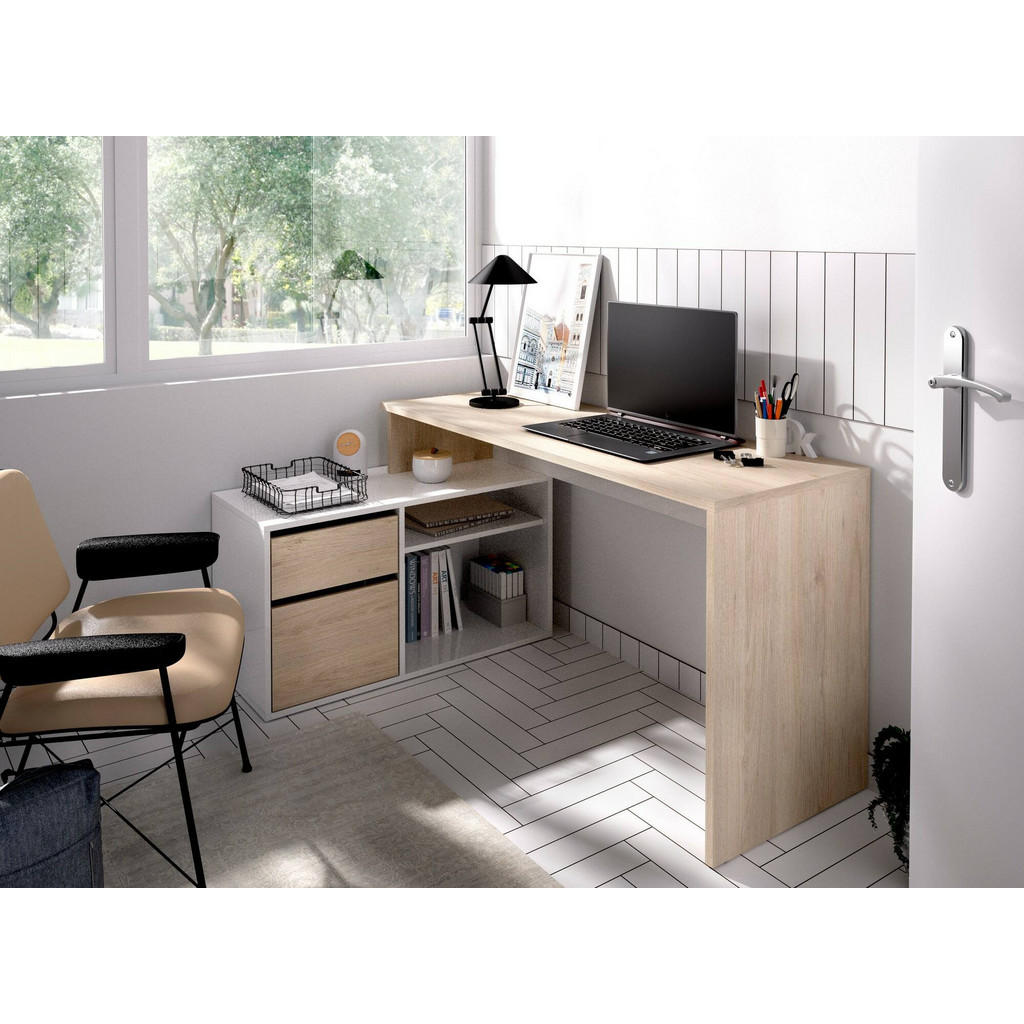 Thumbnail - Dmora Eckschreibtisch, Weiß, Eiche, Holzwerkstoff, 2 Fächer, 1 Schubladen, 139x75x92 cm, Arbeitszimmer, Schreibtische, E...