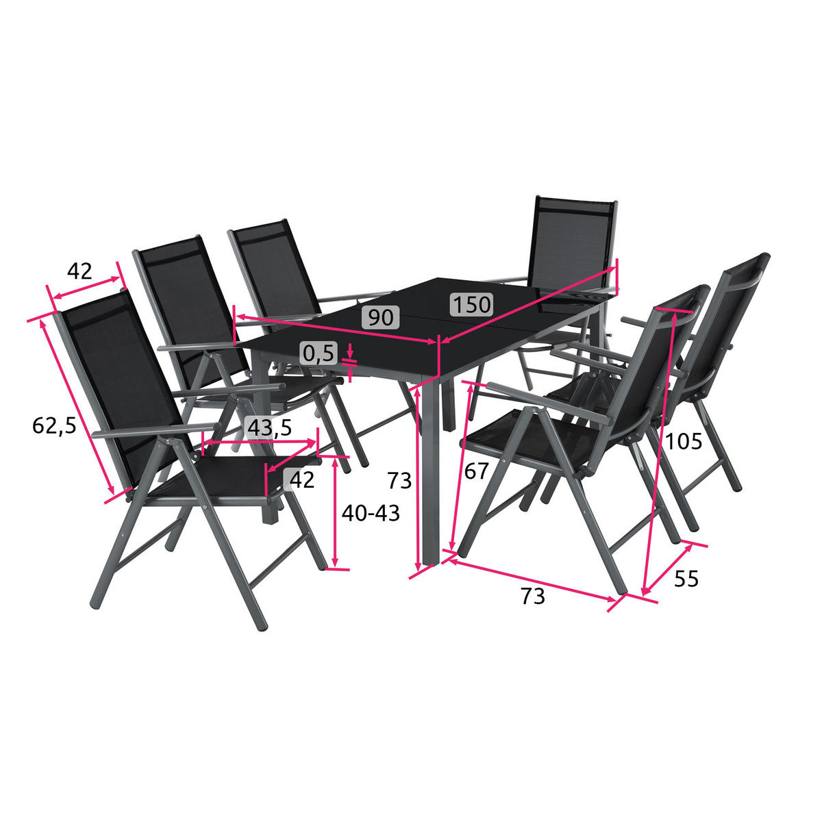 SITZGRUPPE Ercolano,Tisch mit Sicherheitsglasplatten und Ausgleichsschrauben,anthrazit - Anthrazit, Naturmaterialien/Kunststoff - tectake