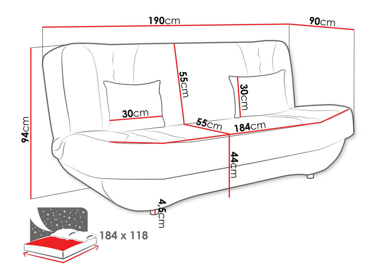 SCHLAFSOFA Pinto - Schwarz/Grau, Holzwerkstoff/Kunststoff (190/94/90cm) - MIRJAN24