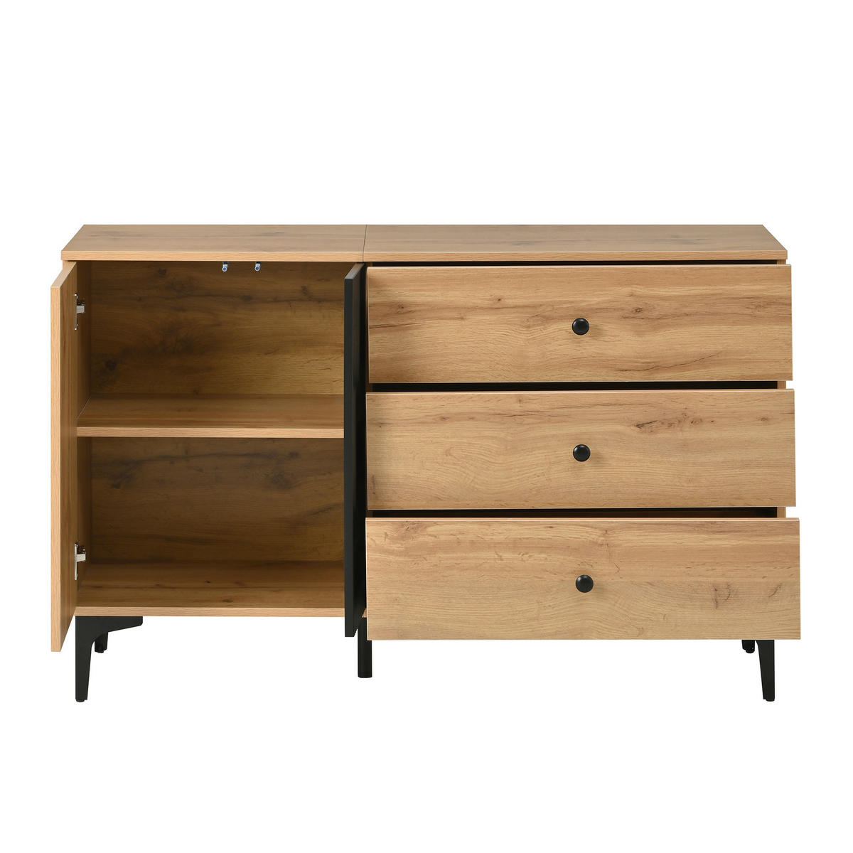 SIDEBOARD DE-37526 120/35/76 cm mit 1 Tür und 3 Schubladen Natur/Schwarz - Naturfarben, Holzwerkstoff (120/76/35cm) - ComfortXL