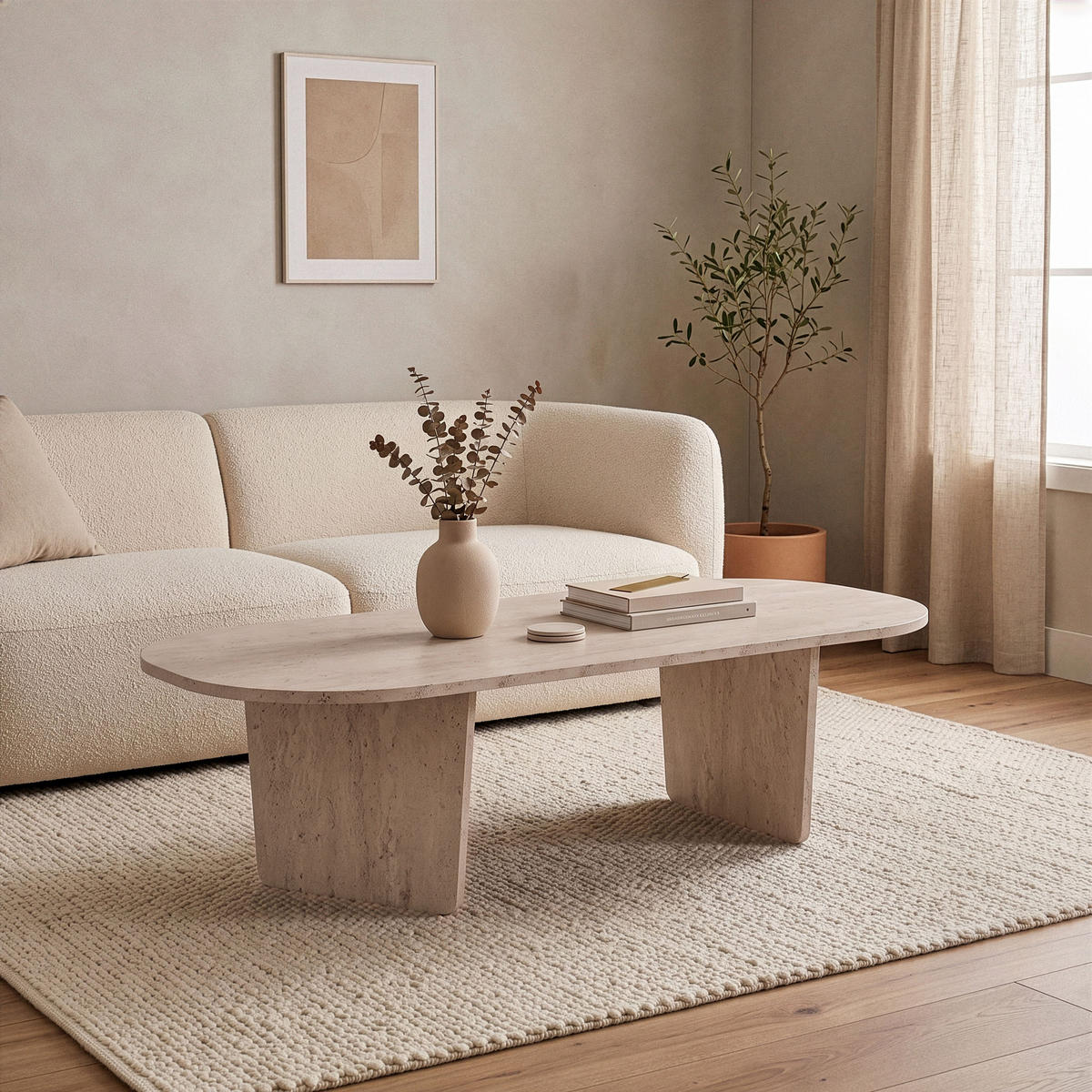 COUCHTISCH mit abgerundeter Tischplatte L130 cm 65/130/40 cm - Beige, Holzwerkstoff (70/65/40cm) - Calicosy