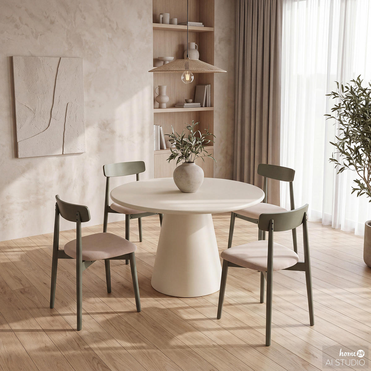 ESSZIMMERSTUHL - 2er-Set - Eiche massiv / Webstoff - Beige/Olivgrün, Holz/Textil (47/78/51cm) - home24