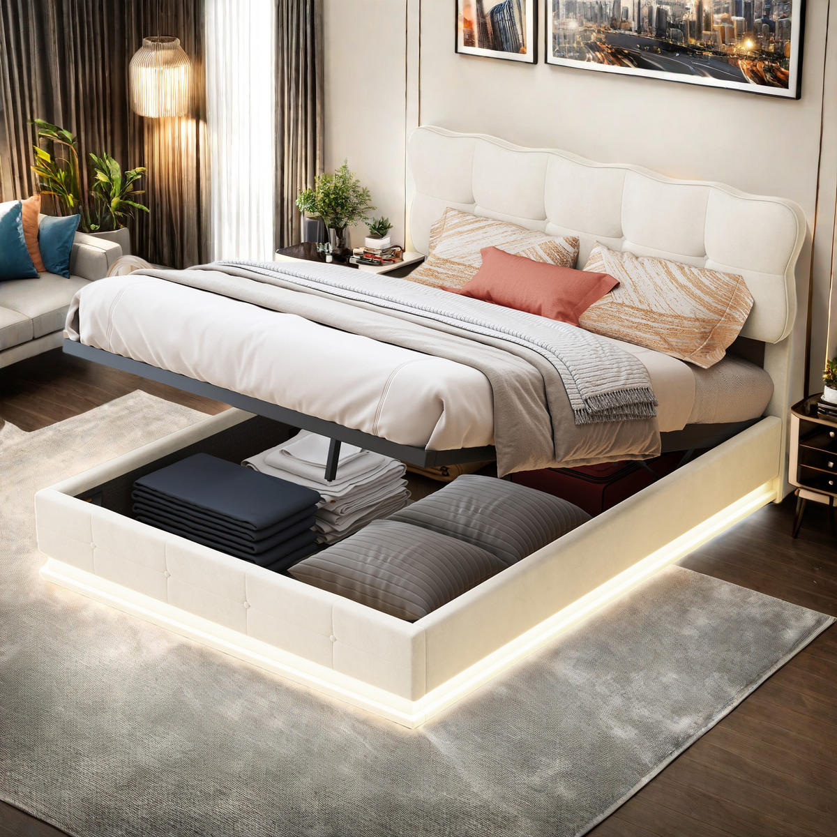 POLSTERBETT 140x200 Beige Samt Mehrfarben-LED - Beige, Metall (140/200cm) - SHOPENTRA