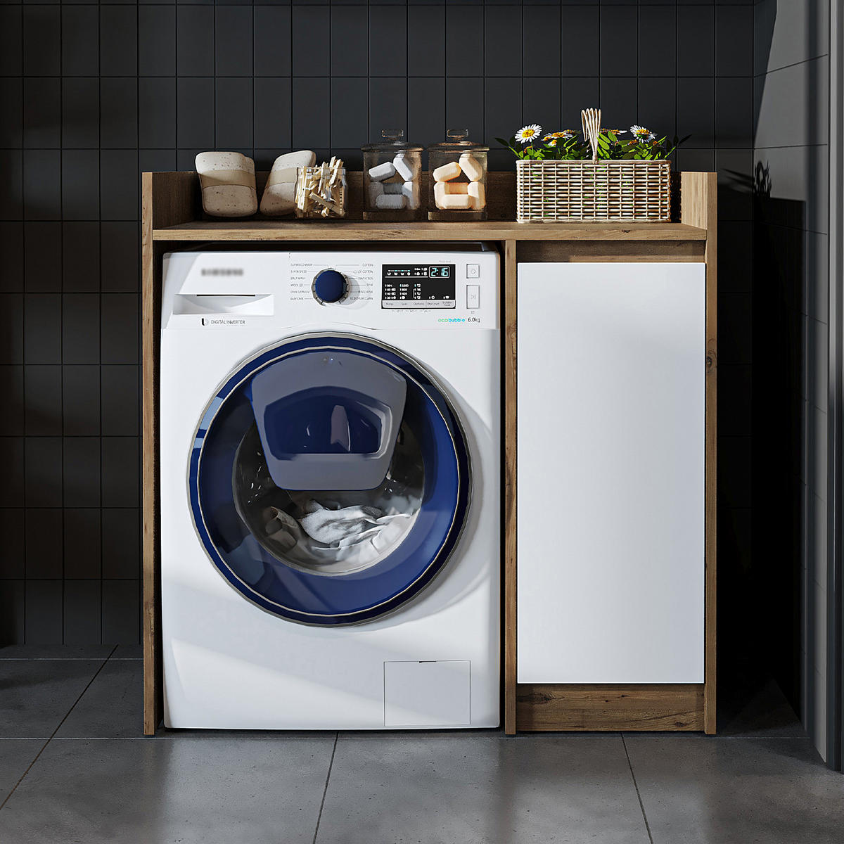 WASCHMASCHINENSCHRANK DERIN-II 100cm Breit, 99cm Hoch - Eiche Bianco, Holzwerkstoff (100/99/60cm)