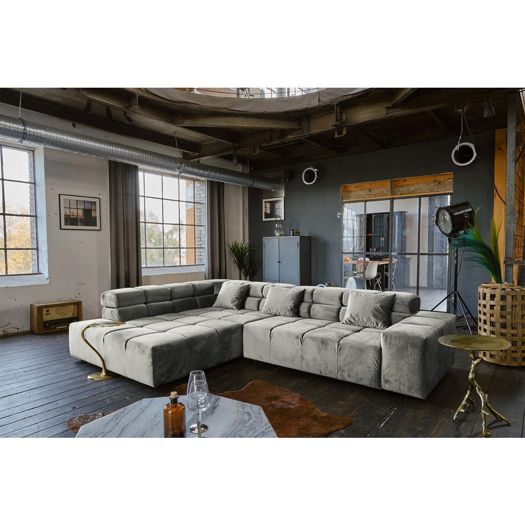 Thumbnail - Kawola Ecksofa, Silber, Schwarz, Textil, 3-Sitzer, Füllung: Kaltschaum, Ottomane links, 319x215 cm, Wohnzimmer, Sofas & ...