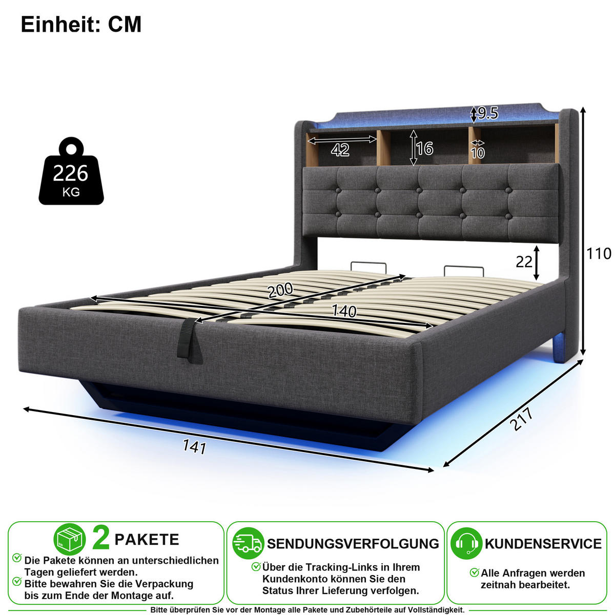 POLSTERBETT 140/200 cm in Grau Leinen mit Bettkasten, LED, USB und Type-C - Grau, Holzwerkstoff/Textil (140/200cm) - CHICFURN