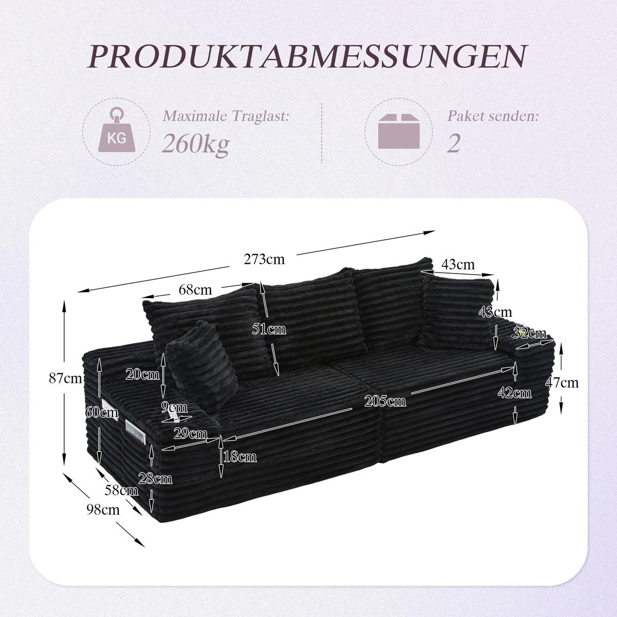 SCHLAFSOFA aus Cord mit Getränkehaltern und Kissen, Schwarz - Schwarz, Textil (107.48/34.25/38.58cm)