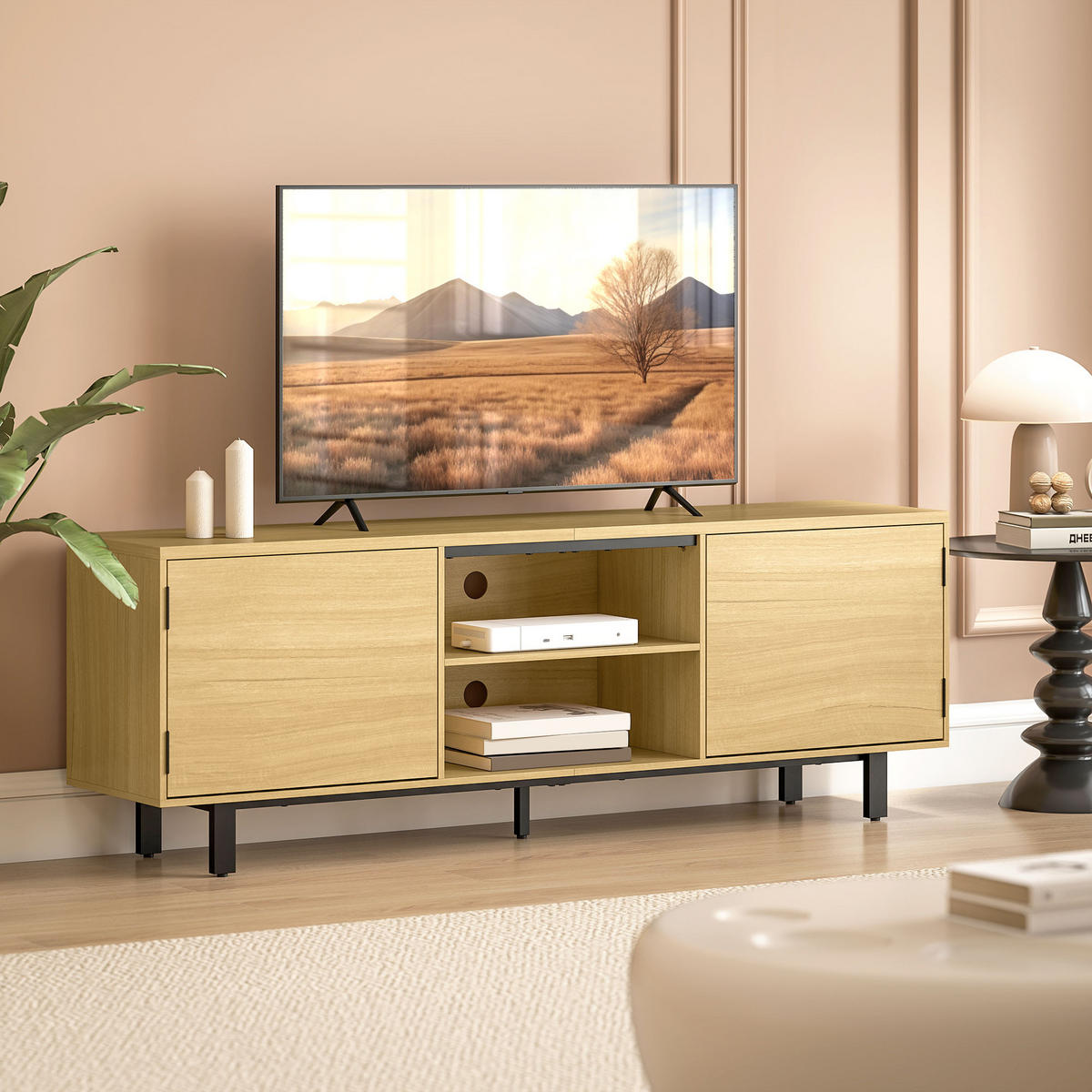 TV-LOWBOARD Naturfarben/Schwarz 160/35/55,5 cm, Push-to-Open, 2 Türen - Naturfarben, Holzwerkstoff (160/55.5/35cm) - PANGIVO