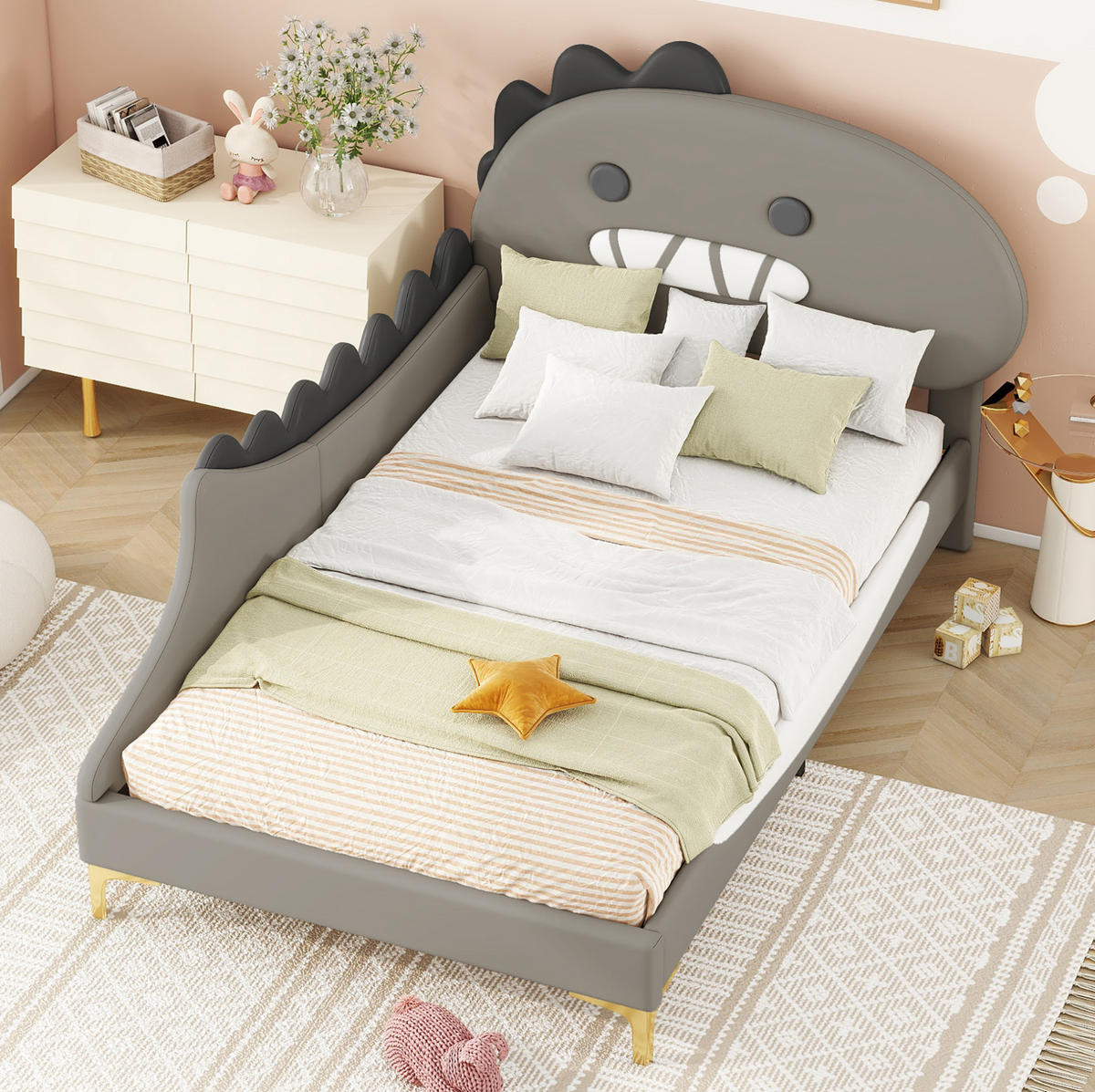 KINDERBETT 90/200 cm Grau aus PU und MDF mit Dinosaurier-Design - Grau, Kunststoff (90/200cm) - OKMYHOME
