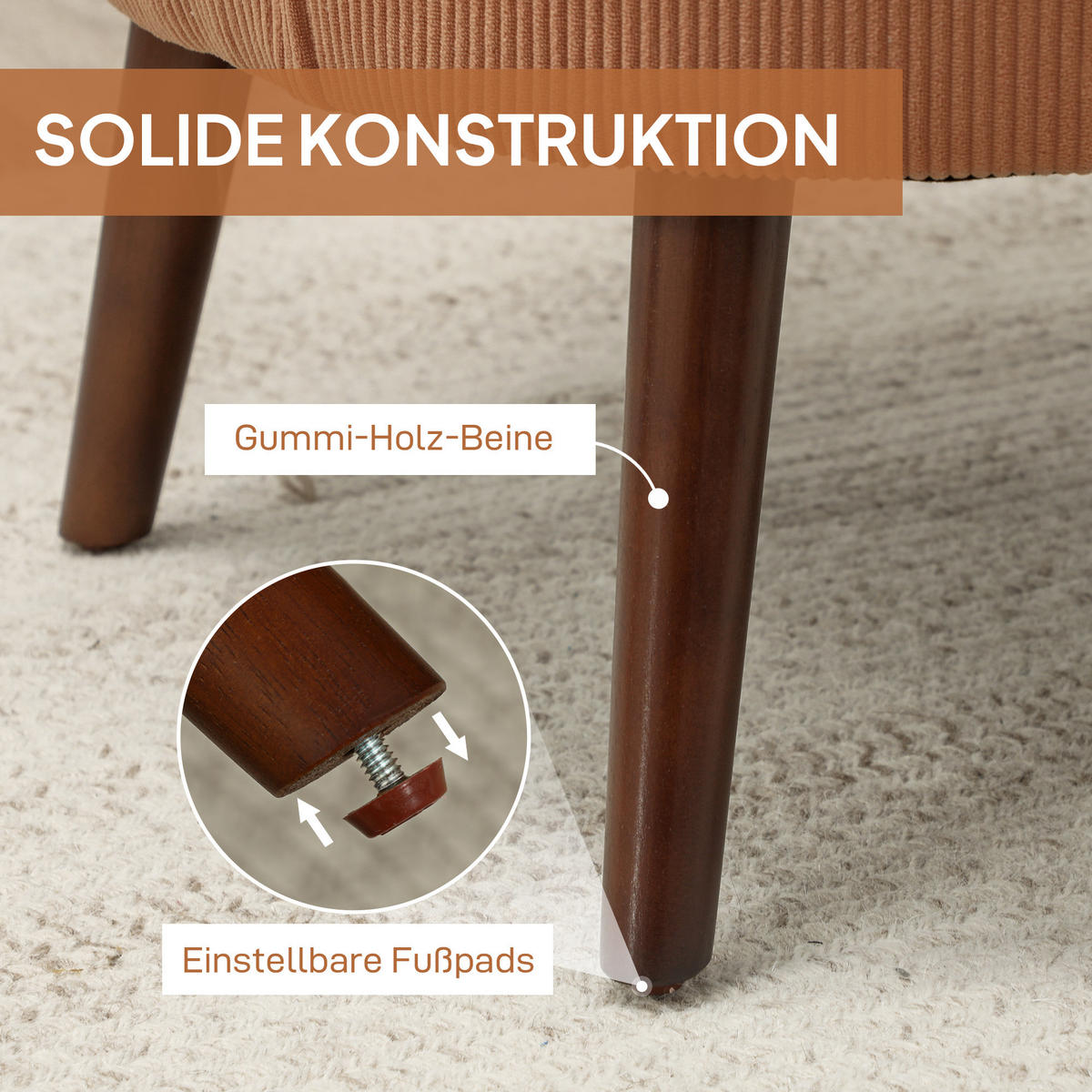SESSEL mit Rückenlehne, abgerundeten Armlehnen Gepolstert Loungesessel Kordoptik - Orange/Braun, Textil (69/78/69.5cm) - HOMCOM