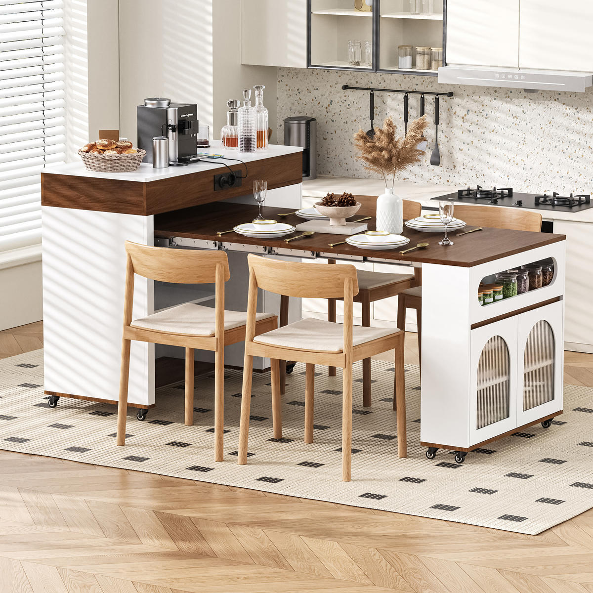 SERVIERWAGEN in Weiß und Walnussfarben Servierwagen mit Schublade für Küche und Esszimmer, B110.5/T50.5/H95.5 cm - Weiß, Glas/Holzwerkstoff (110.5/95.5/50.5cm) - STILVORA