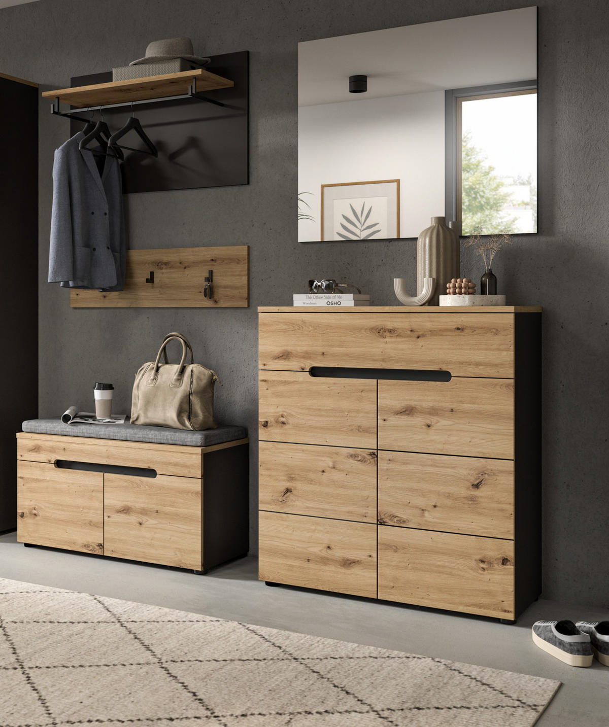 SCHUHSCHRANK Flurkommode Eiche Artisan und grau 80 cm, mit Soft-Close - Schwarz/Eiche Artisan, Holzwerkstoff/Kunststoff (80/94/37cm) - Inn.Furn