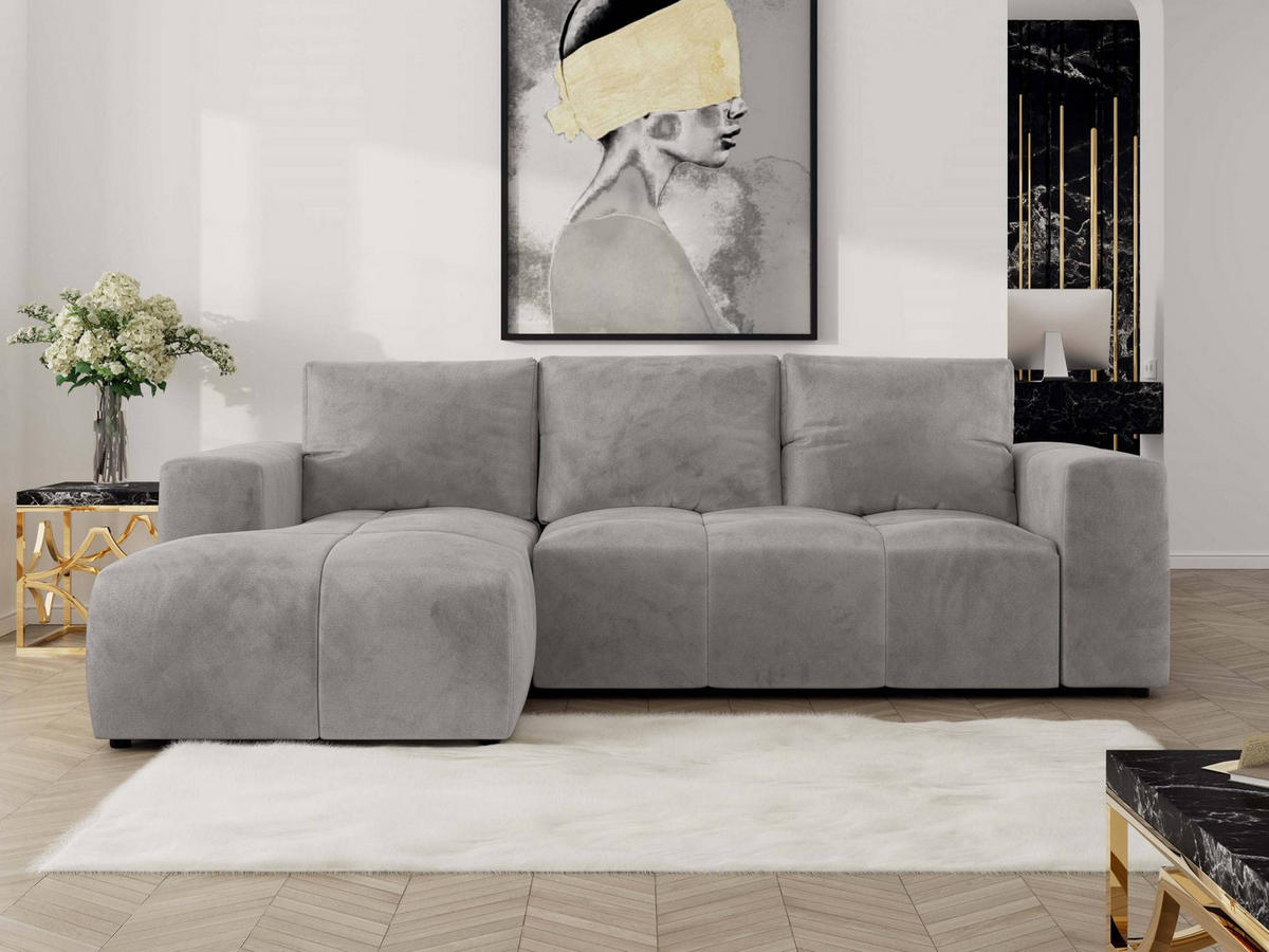 ECKSOFA MONIVA Hellgrau Velvet - Links - Hellgrau/Schwarz, Textil (164/266cm) - MKS