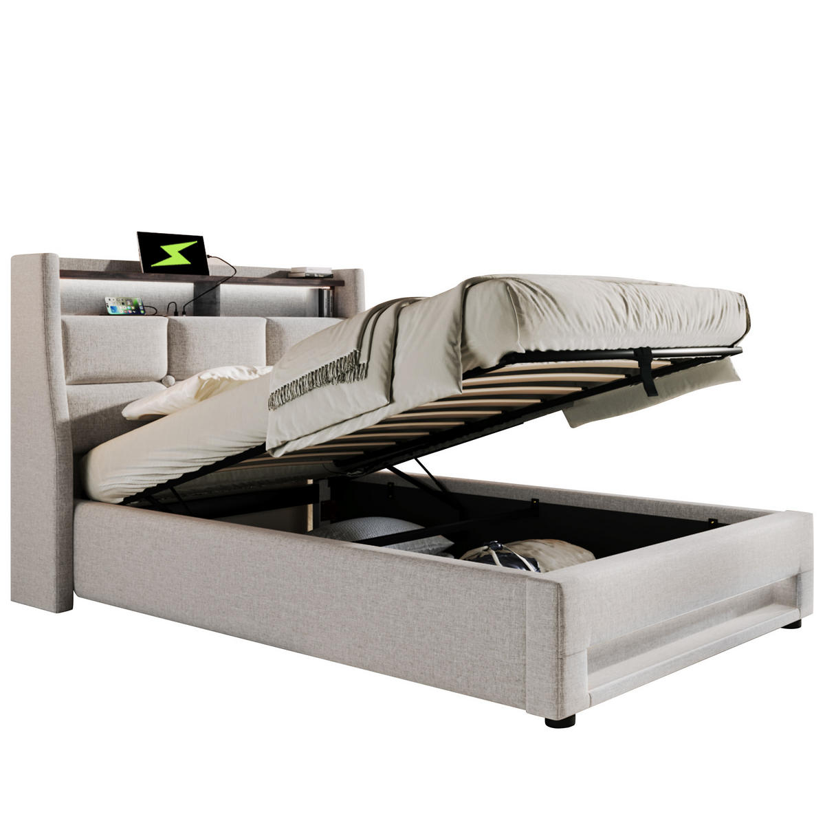 POLSTERBETT 90/200 cm Beige mit USB-Anschluss und LED-Beleuchtung Mit Matratze - Beige, Textil (90/200cm) - OKWISH