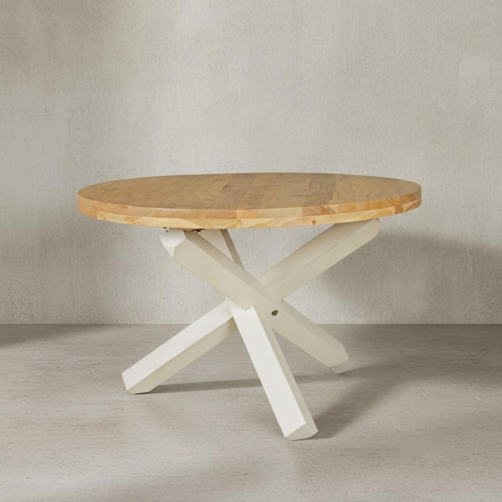 ESSTISCH Massivholz Rund Kreuzbeine Handgefertigt TEKO, Beige 120x120x75 cm - Beige/Weiß, Holz (120/120/75cm) - KADIMA DESIGN