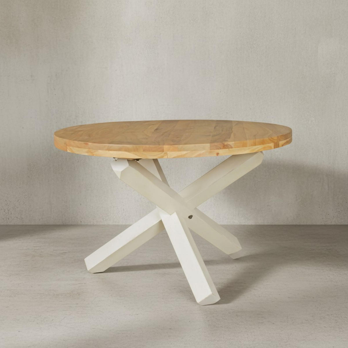 ESSTISCH Massivholz Rund Kreuzbeine Handgefertigt TEKO, Beige 120x120x75 cm - Beige/Weiß, Holz (120/120/75cm) - KADIMA DESIGN