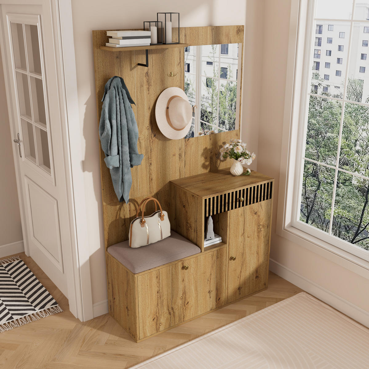 GARDEROBE mit Spiegel, Sitzbank und Stauraum - Sonoma Eiche, Glas/Holzwerkstoff (110/186/37cm) - Urban Meuble