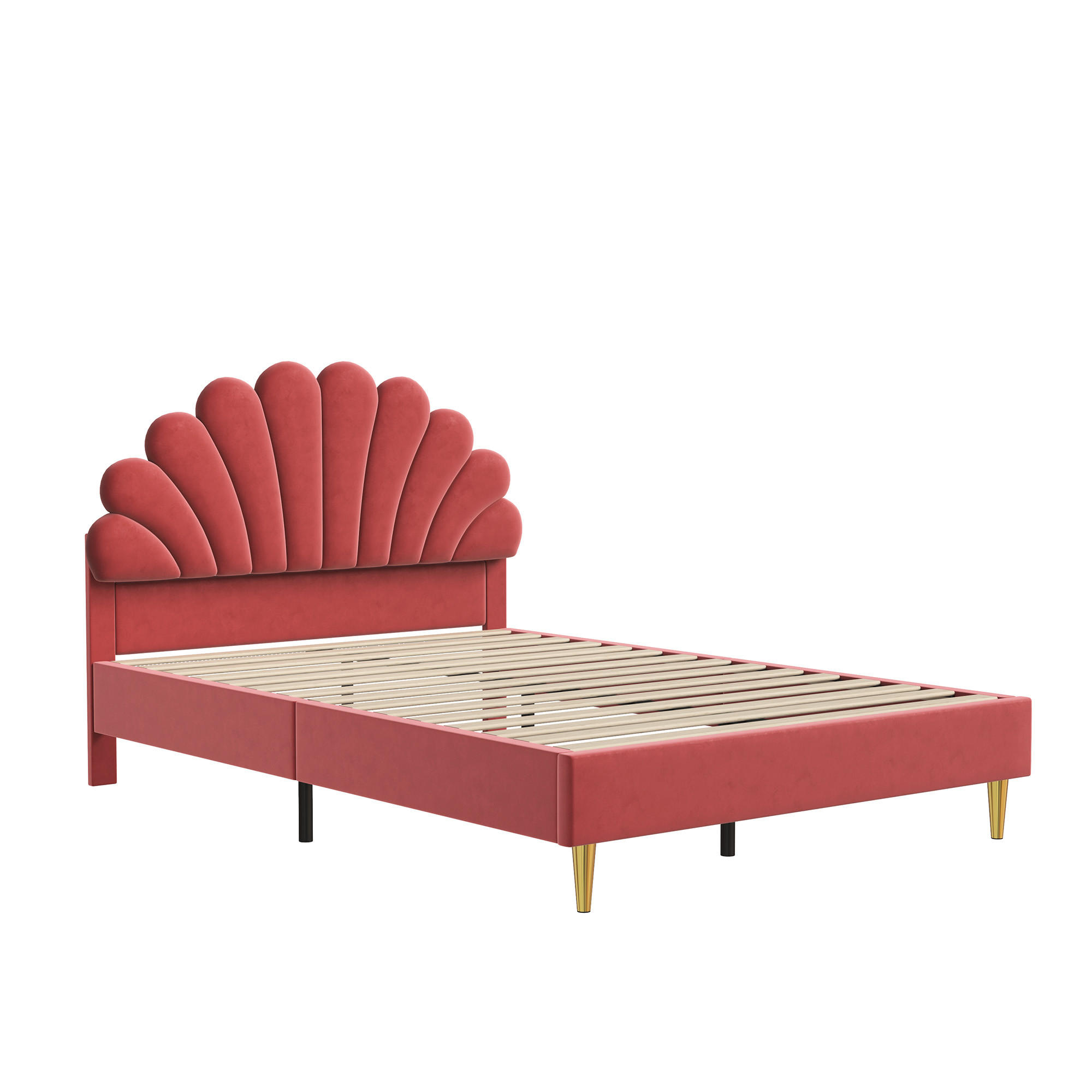 POLSTERBETT 140x200 cm, mit Blumenform-Kopfteil & Lattenrost, Doppelbett, Kinderbett, Samt - Rot, Textil/Metall (140/200cm)