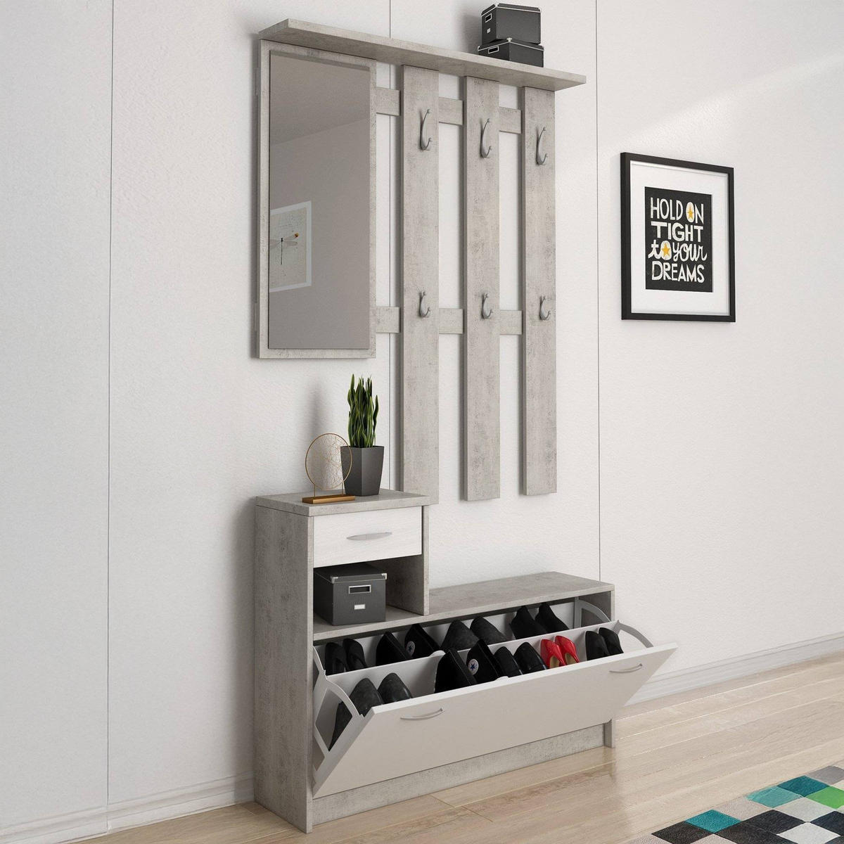 GARDEROBE Holz-Effekt Zement, Weiß 25x100h180 - Weiß/Grau, Holzwerkstoff (100/190/26cm) - DMORA