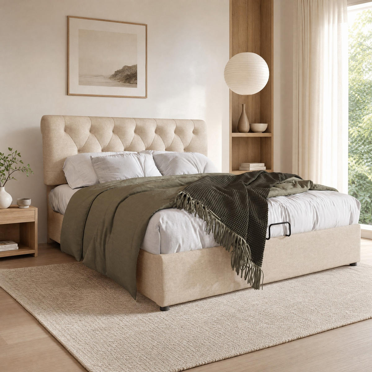 POLSTERBETT 140/200 mit hydraulischem Bettkasten, verstellbarem Kopfteil und Matratze in Natur - Beige, Holzwerkstoff/Textil (140/200cm) - EVRYAE