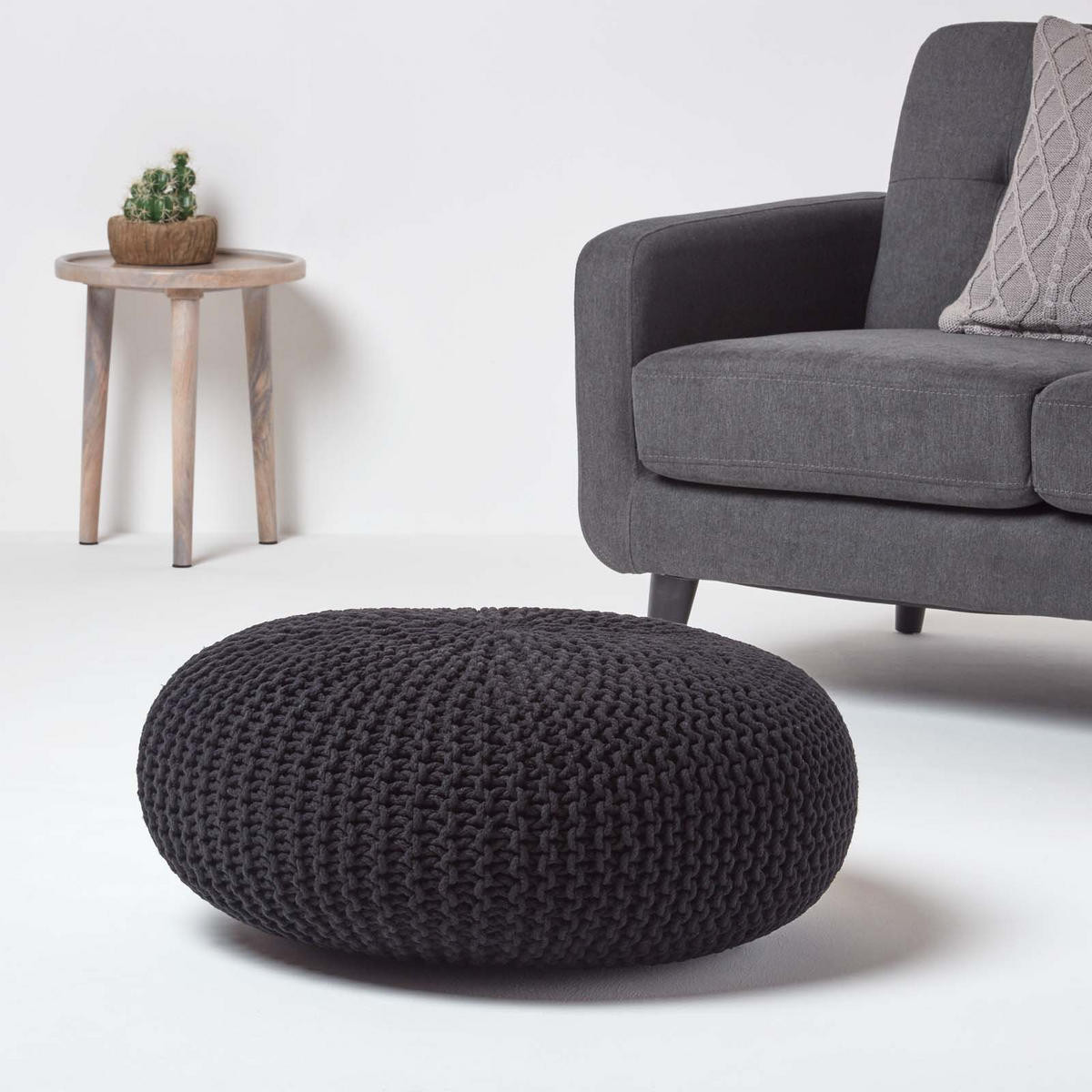 STRICK-POUF schwarz, Bodenkissen rund 70/70/23 cm - Schwarz, Textil (70/23/70cm) - Homescapes