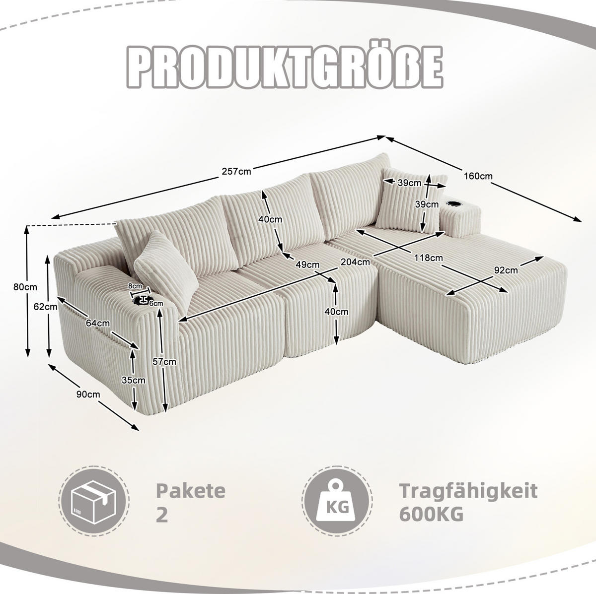 MODULARES Sofa Cord mit Chaiselongue und 2-Sitzer 257/90-160/62 cm Beige - Beige, Textil (160/257cm) - Redom