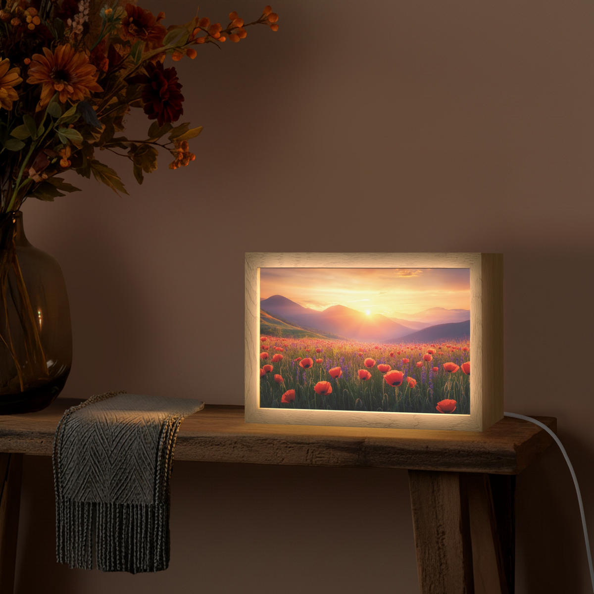 WANDLEUCHTE Landschaft - Sonnenuntergang - Blumenfeld 30x20 cm - Rot, Holzwerkstoff (30/20/8cm) - OnlyWow