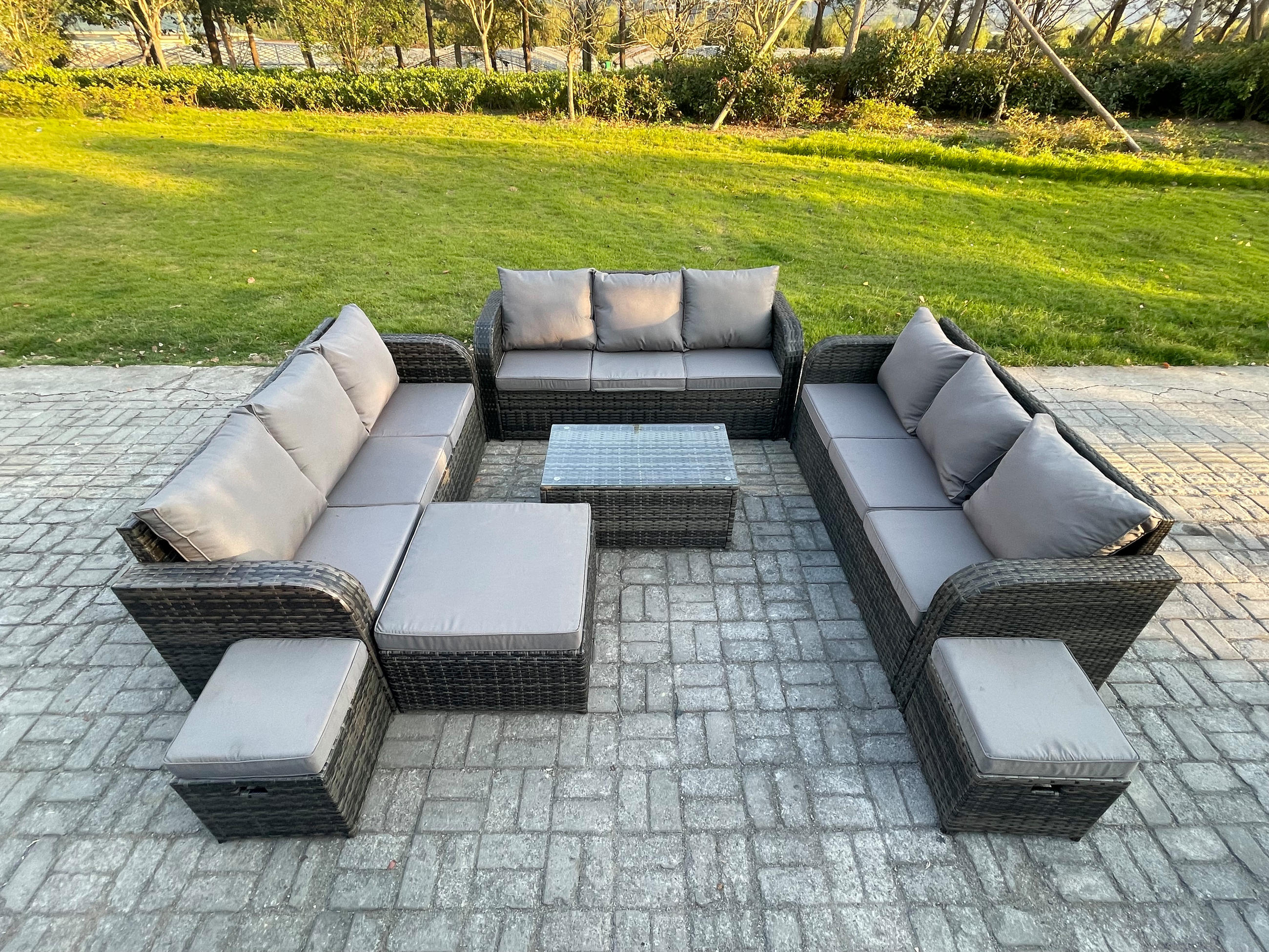 GARTENMÖBELGARNITUR mit KISSEN Polyrattan Dunkelgrau 12-Sitzer - Dunkelgrau/Grau, Glas/Kunststoff - Fimous
