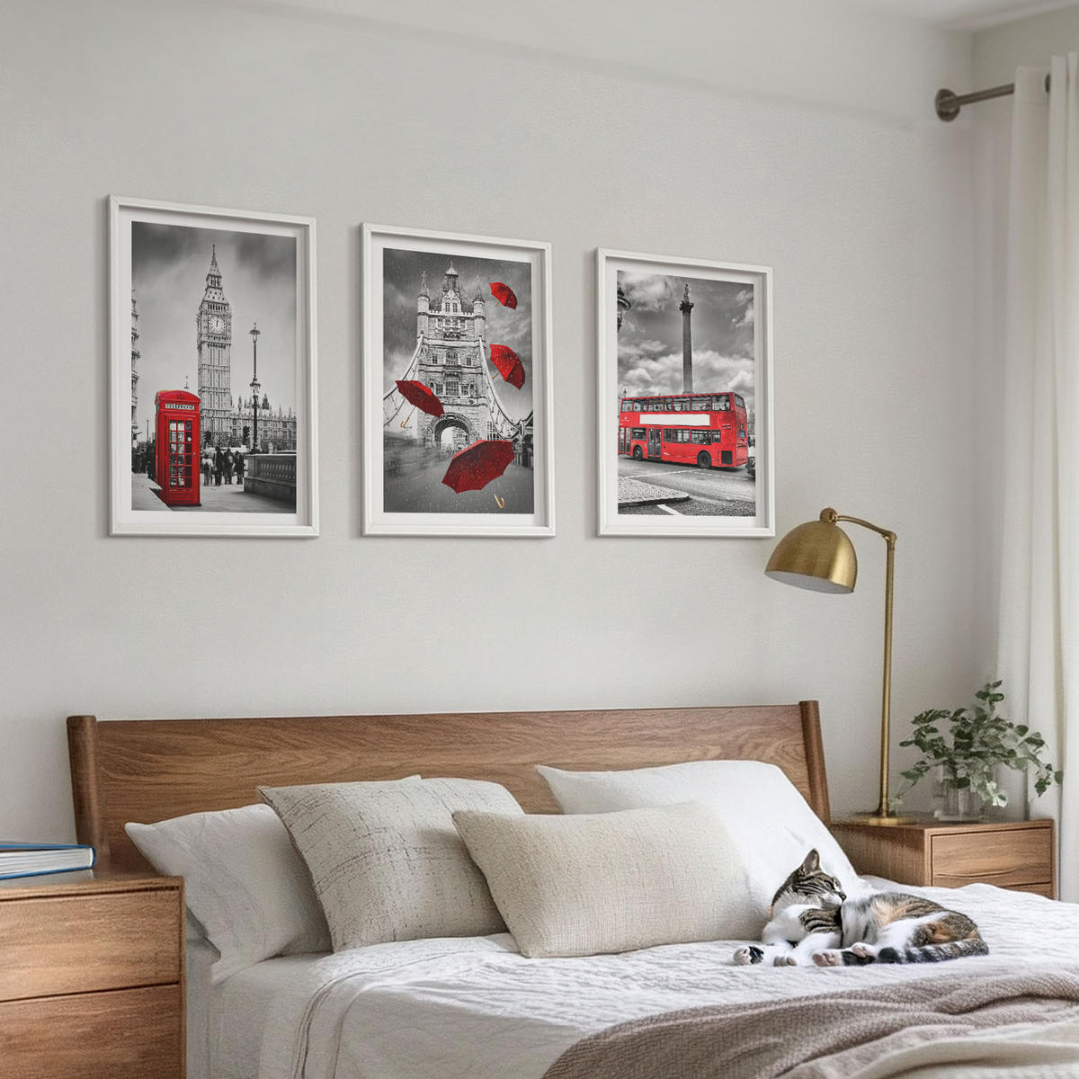BILDER SET 3er Set - 40x60 cm Weißer Rahmen - Roter Regenschirmstand und Londoner Bus - Weiß, Kunststoff (40/60cm) - TULUP
