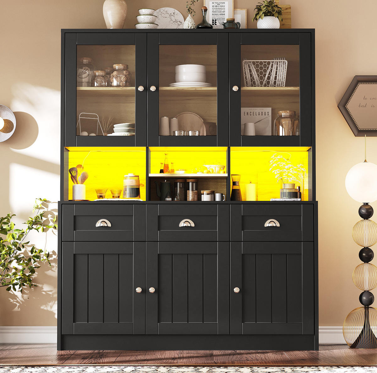 BUFFETSCHRANK 140/40/175 cm schwarz aus MDF mit LED-Beleuchtung - Schwarz, Holzwerkstoff (140/175/40cm) - OKWISH