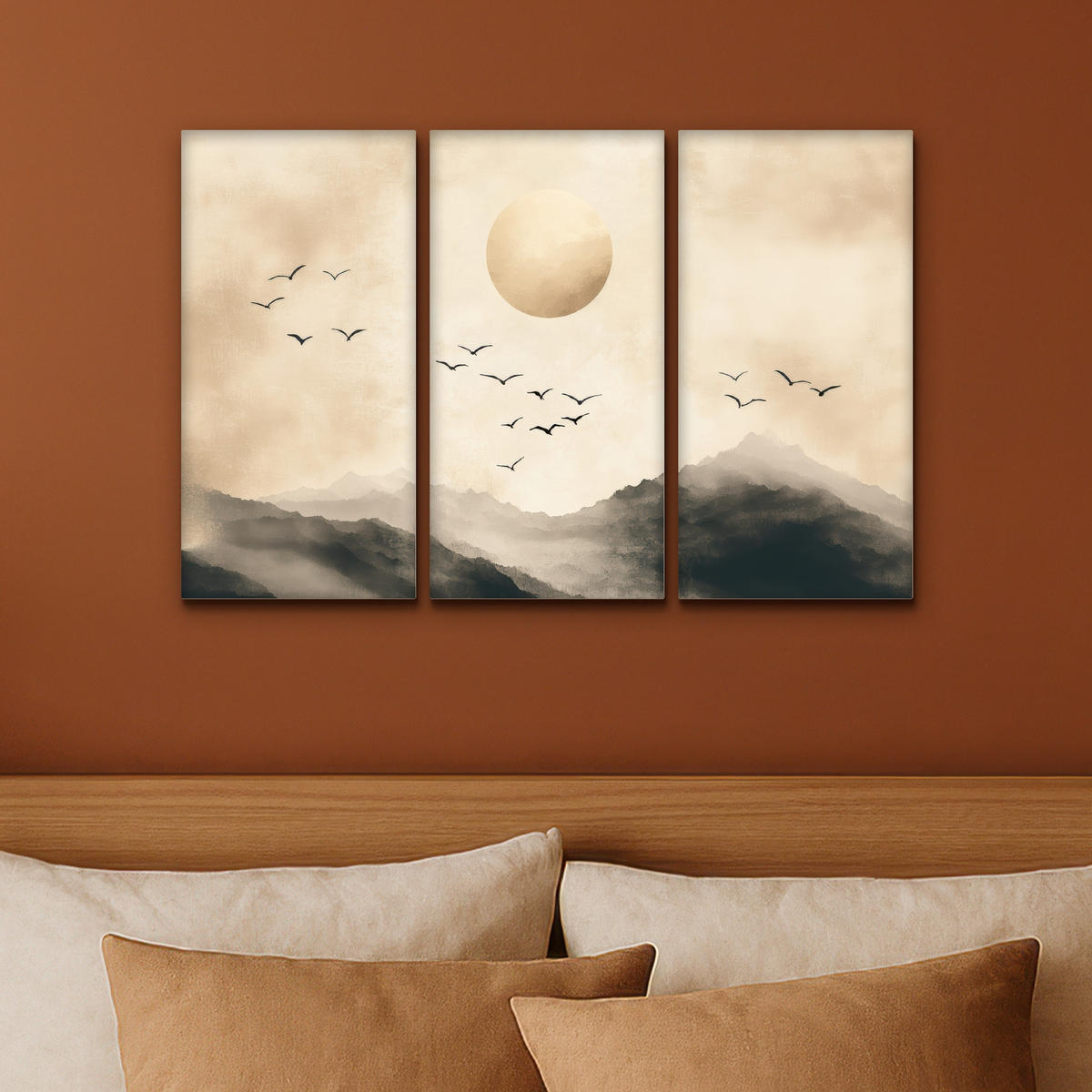 LEINWANDBILD 3er Set Landschaft - Japandi - Beige - Vögel 60x40 cm - Beige, Textil (60/40cm) - MuchoWow