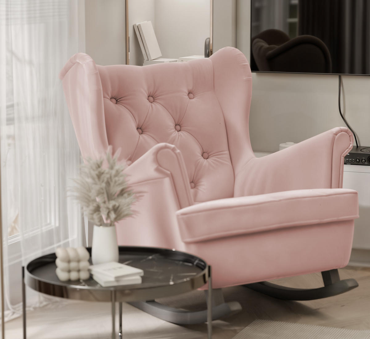 SCHAUKELSESSEL SCANDI Holzfüße, Samt Rosa - Rosa, Holz/Textil (75/97/60cm) - Idohome