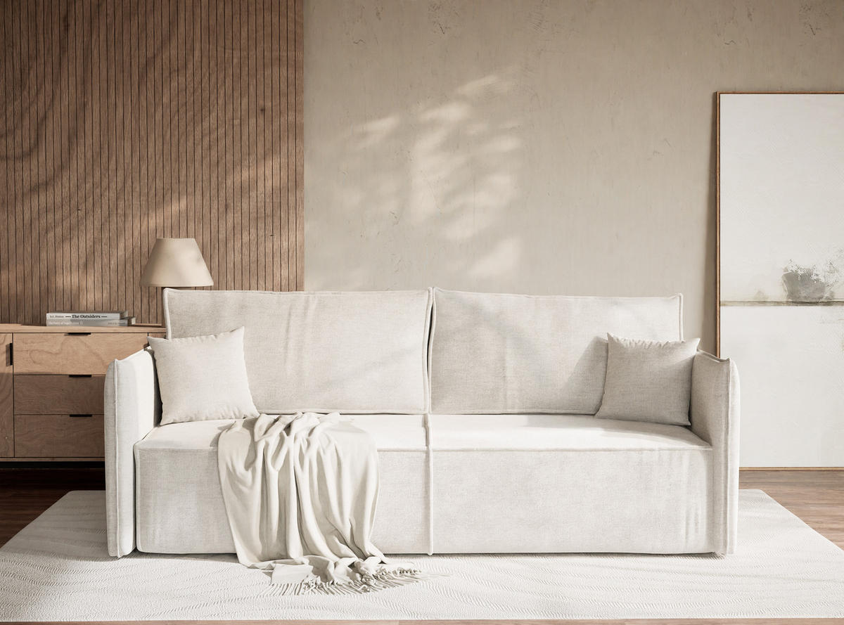 SOFA MIT SCHLAFFUNKTION Obra Beige grau Chenille-Stoff - Beige/Schwarz, Holz/Holzwerkstoff (220/70/107cm) - Maison de Reve