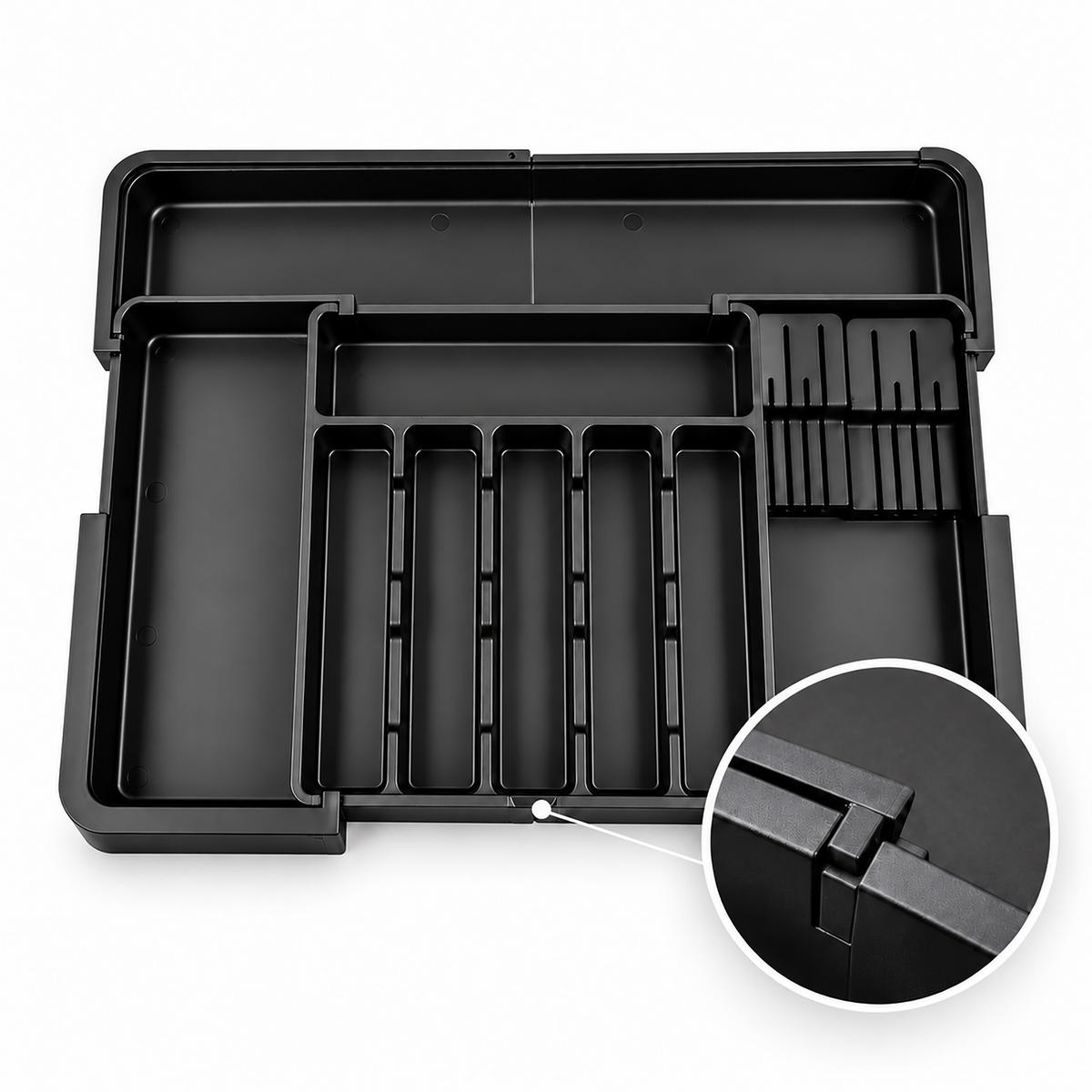 BESTECKKASTEN Schwarz ausziehbar mit Messereinsatz - Schwarz, Kunststoff (56.5/5/48.5cm) - Relaxdays
