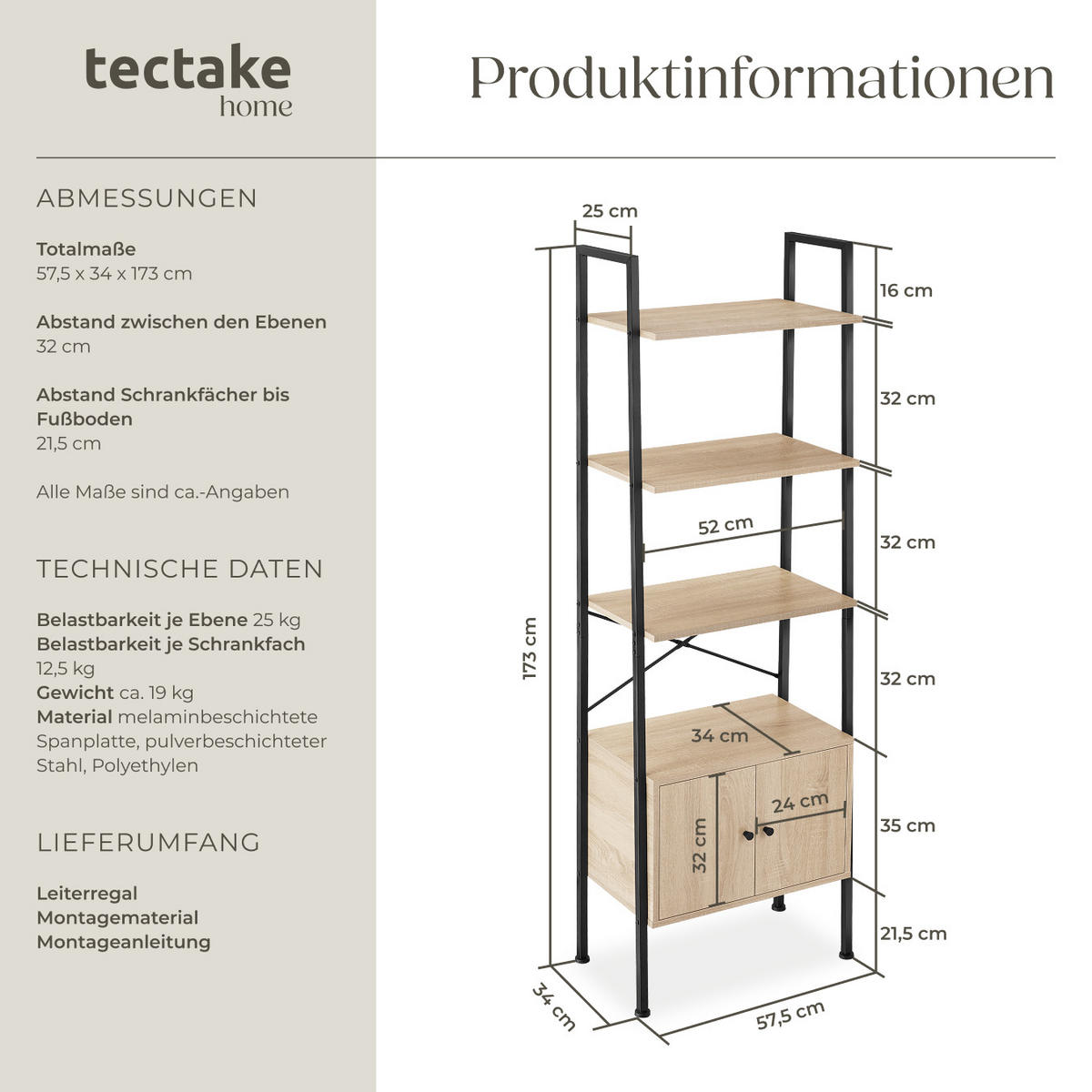 LEITERREGAL Brentwood,inklusive Kippschutz, 57,5 x 34 x 173 cm,Industrial Holz hell, Eiche Sonoma - Naturfarben, Holzwerkstoff (34/173/57.5cm) - tectake