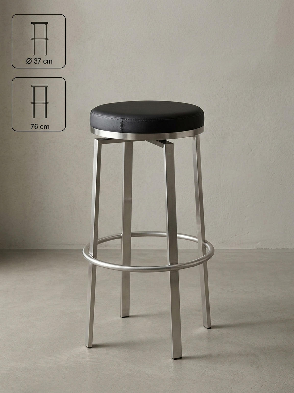 BARHOCKER – Edelstahl, drehbar, gepolsterte Sitzfläche, 76 cm - Silberfarben/Schwarz, Kunststoff/Textil (42/76/42cm) - KADIMA DESIGN