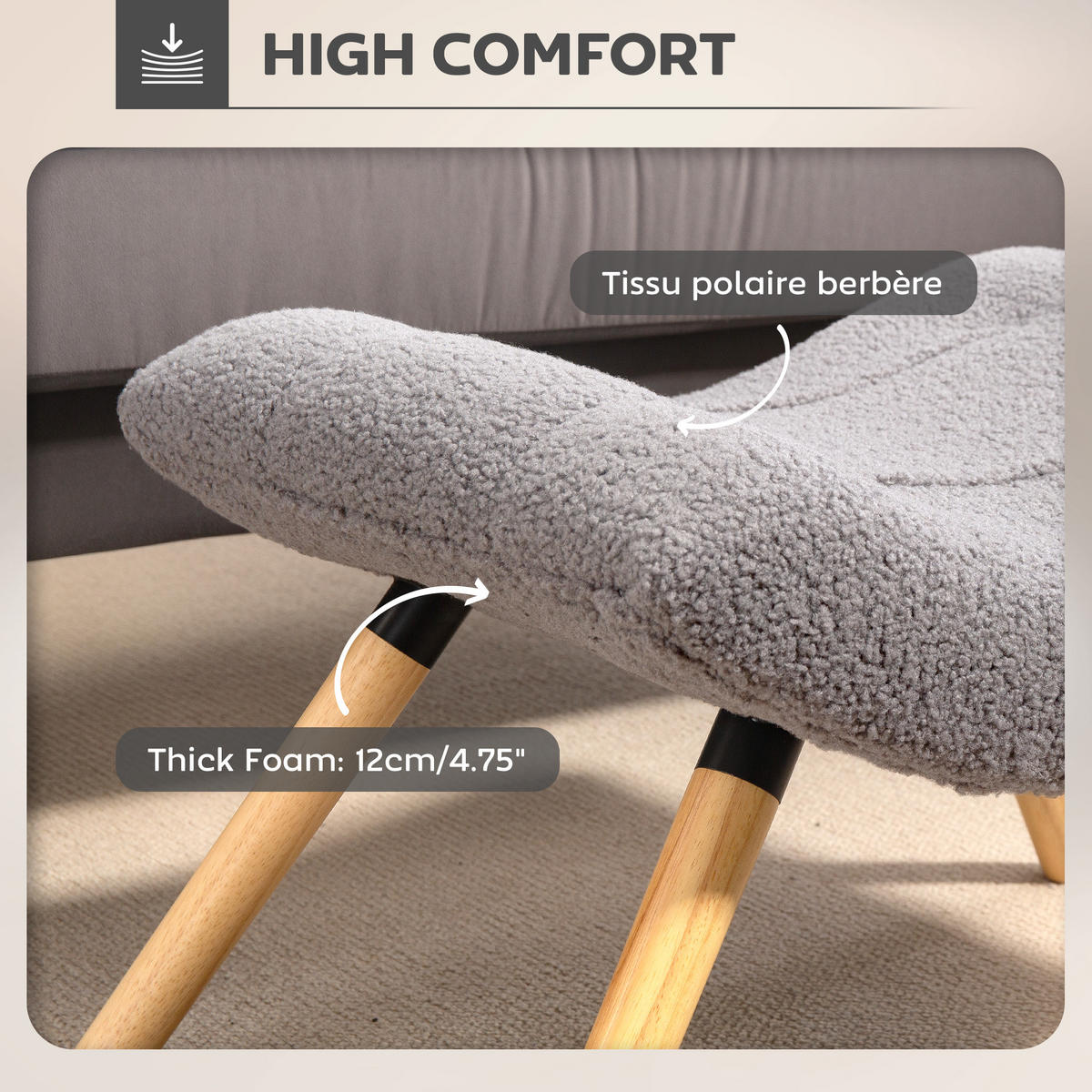 HOCKER DE-16444 mit gebogener Sitzfläche aus Berberfleece Grau - Grau, Textil (45/38/67cm) - ComfortXL