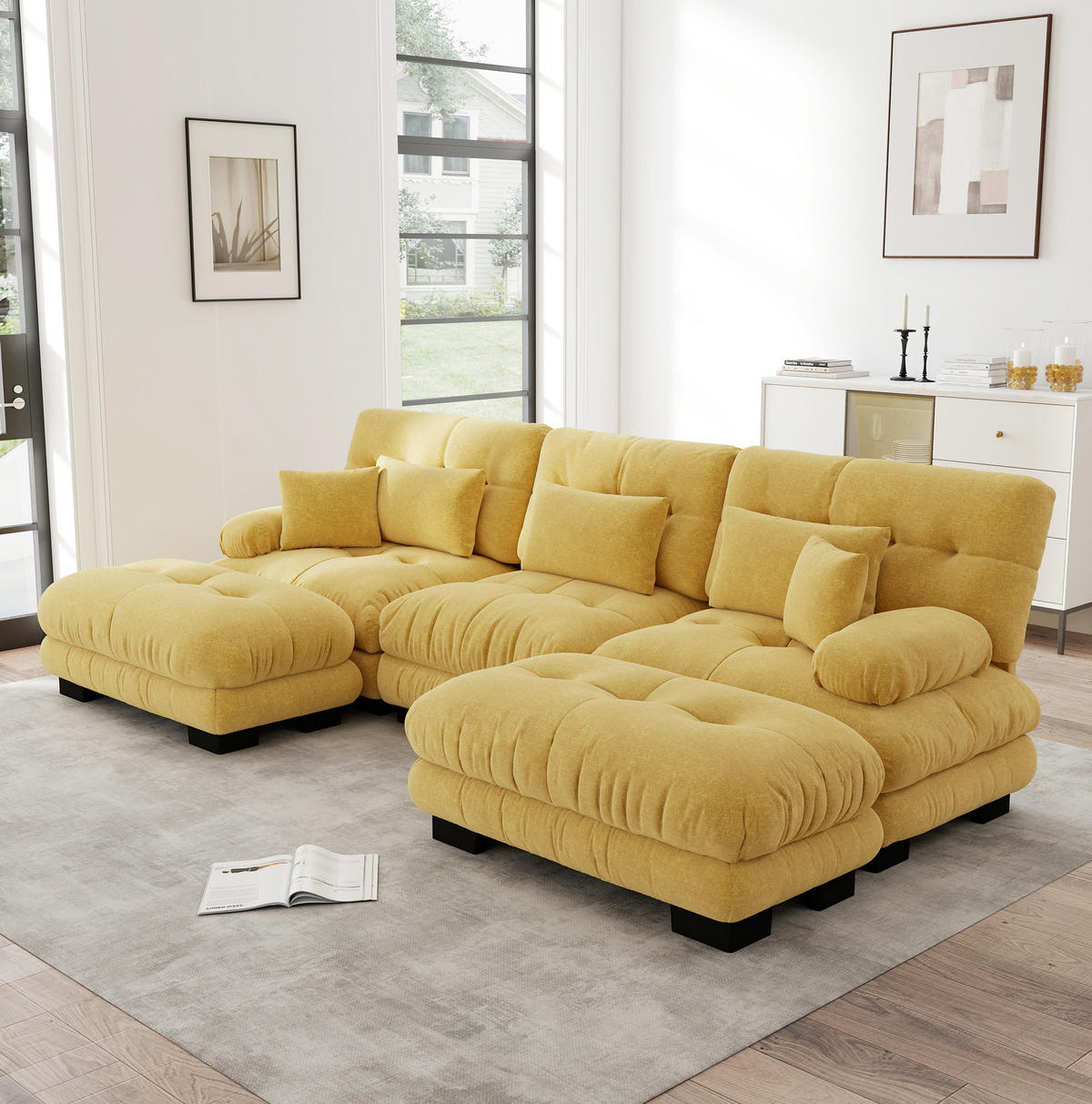 ECKSOFA 313/145/81 cm ggelb aus Chenille modular mit Ottomane und Tiefsitz - Gelb, Textil (145/313cm) - OKWISH