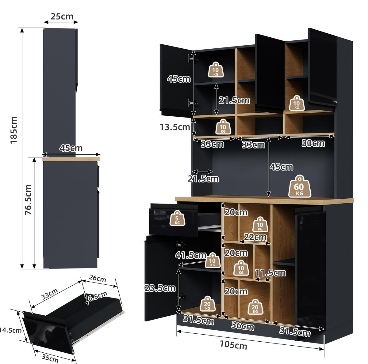 HOCHSCHRANK in Anthrazit mit Hochglanz-Schwarz, Schublade, Türen und verstellbaren Regalen, 105/45/185 cm, Anthrazit，Schwarz - Schwarz, Holzwerkstoff (105/185/45cm) - Redom