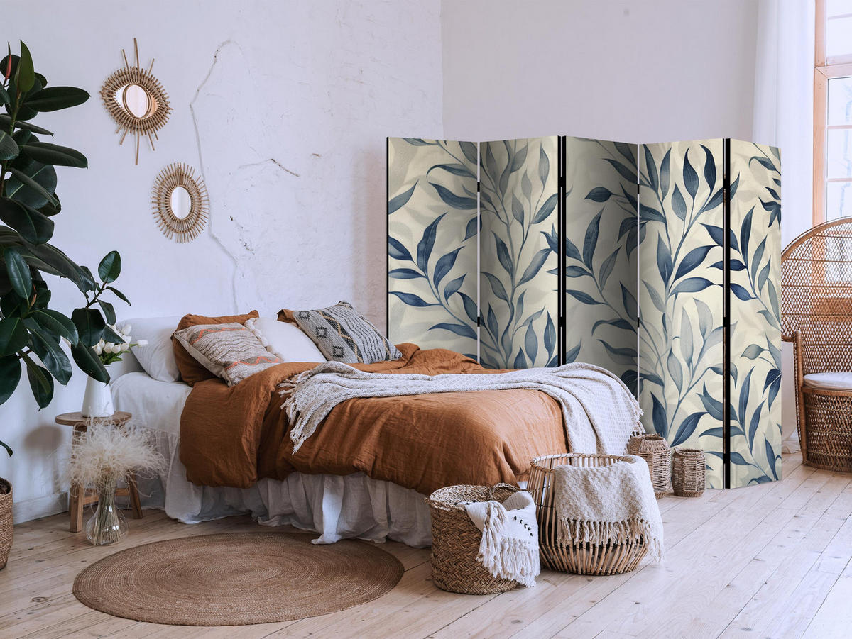 PARAVENT 5-tlg 225x172 cm Blaue Blätter Boho - Blau, Holz/Textil (225/172/3cm) - Muralo