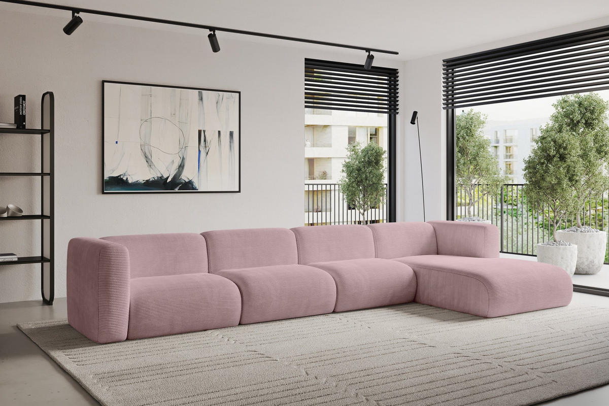 ECKSOFA Ottomane Rechts MIRA-L3 409x179x70 Rosa Cord - Schwarz/Rosa, Holzwerkstoff/Kunststoff (409/179cm) - ALTDECOR