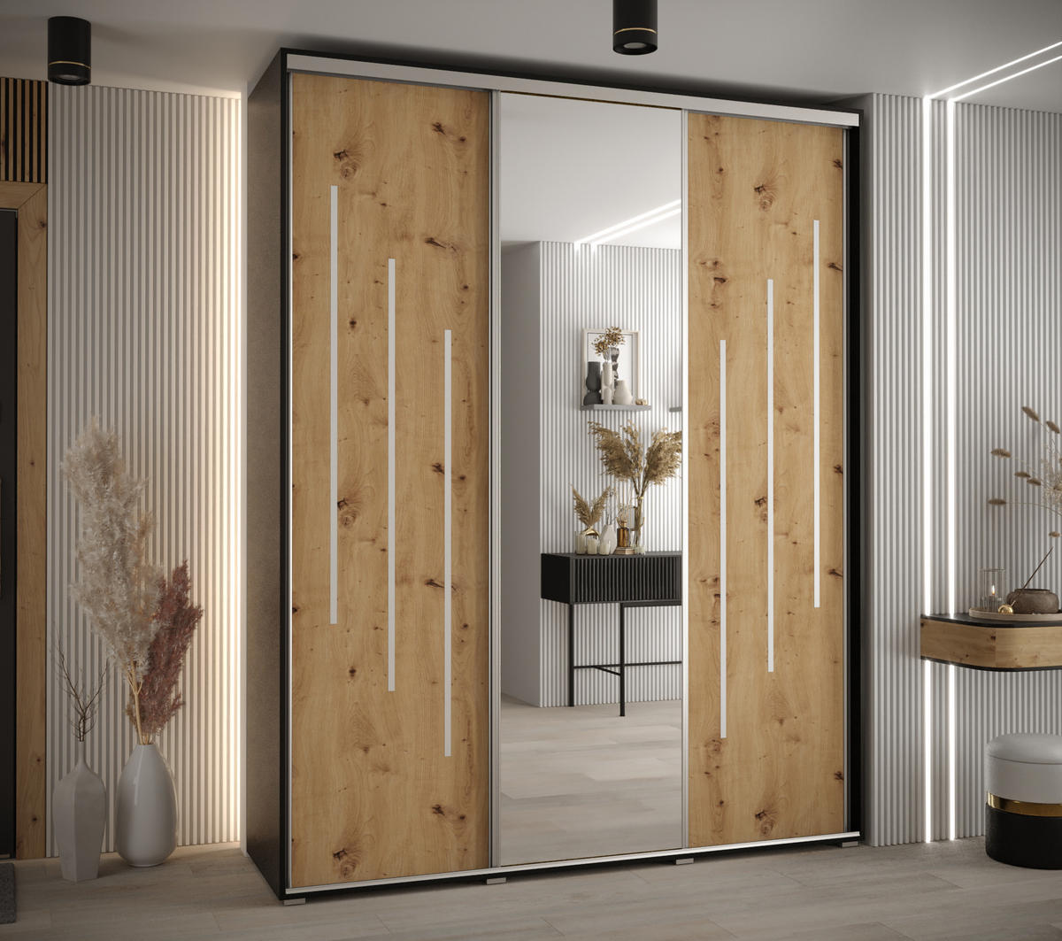 SCHWEBETÜRENSCHRANK 235,2/200/45 3-türig - Silberfarben/Schwarz, Holz/Metall (200/235/45cm) - Abiks Möbel