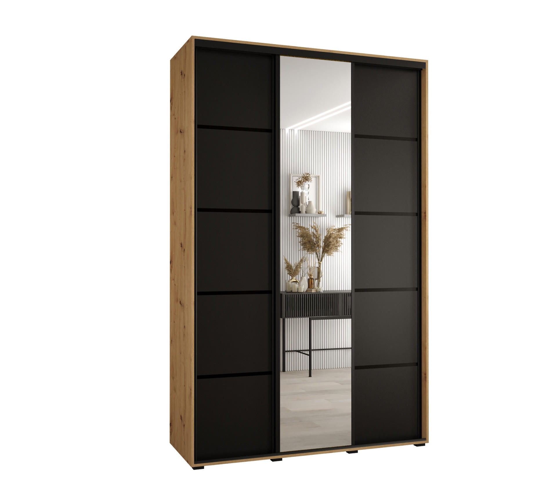 Abiks Möbel Schwebetürenschrank Eiche Artisan, Schwarz, Schwarz 150x235x45 cm