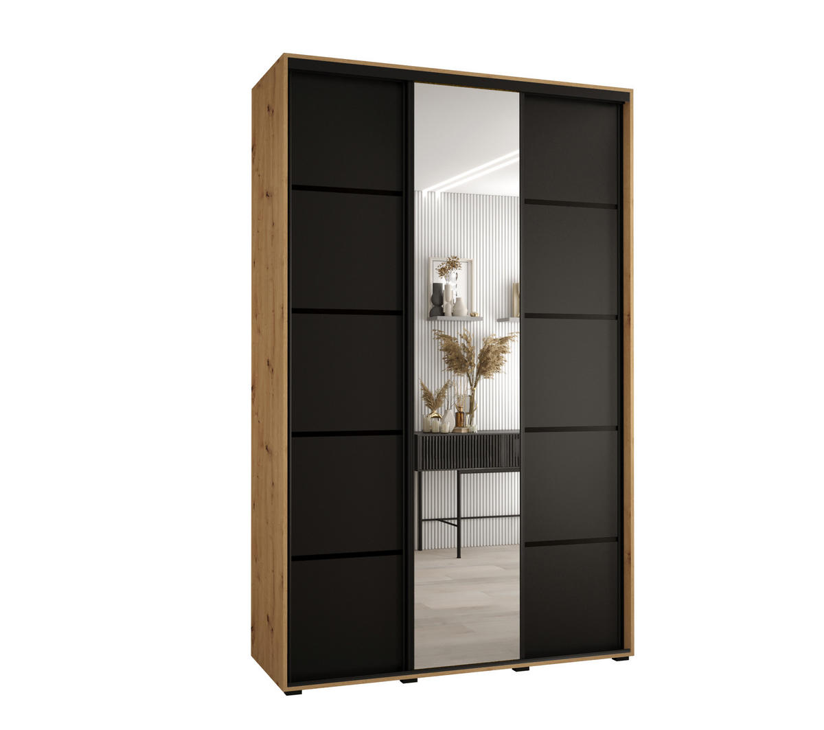 SCHWEBETÜRENSCHRANK 235,2/150/60 3-türig - Schwarz/Eiche Artisan, Holz/Metall (150/235/60cm) - Abiks Möbel