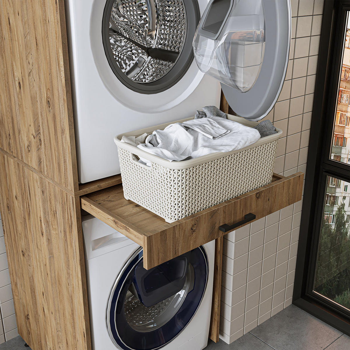 WASCHMASCHINENSCHRANK DUO-I 67cm Breit, 240cm Hoch - Eichefarben, Holzwerkstoff (67/240/67cm)